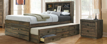 2 Pieces Bedroom Sets Farmhouse Style Full Size Bookcase Captain Bed And Nightstand, Rustic Brown Full Rustic Brown Bed Included,Nightstand Included Plywood