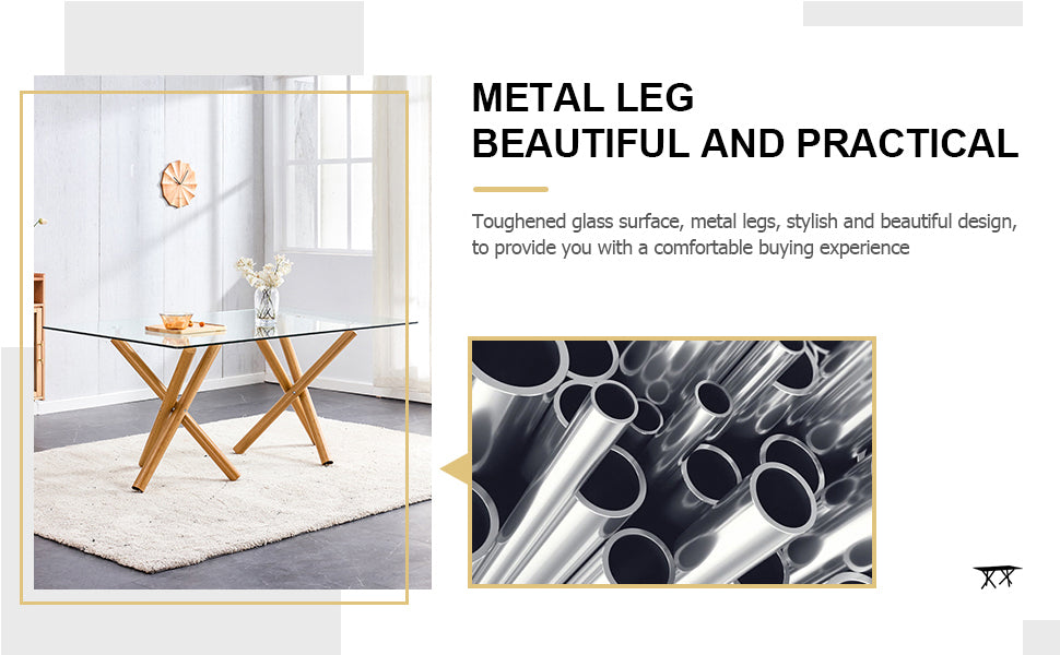 1 Table And 4 Chairs. Glass Dining Table With 0.39 "Tempered Glass Tabletop And Wooden Metal Legs.Grey Puleather High Backrest Soft Padded Side Chair With Wooden Color C Shaped Tube Chrome Metal Leg Transparent Glass