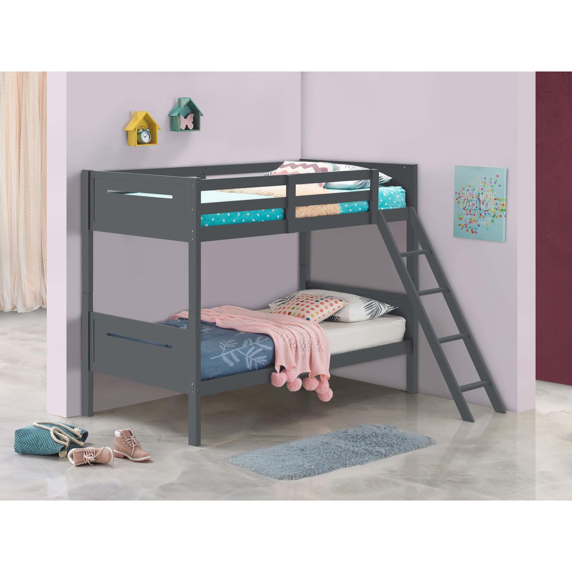 Grey Twin Twin Bunk Bed With Built In Ladder Twin Grey Wood Gray Bedroom Transitional Rubberwood Bunk Wood
