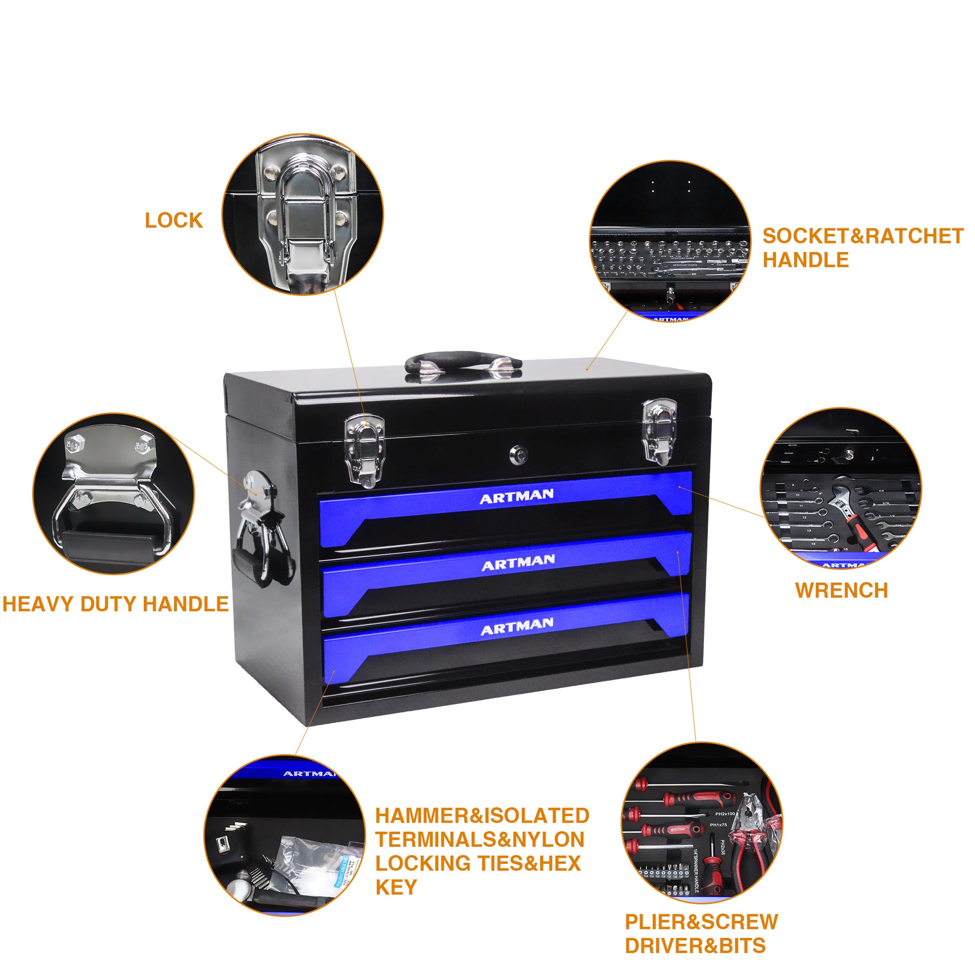 3 Drawers Tool Box With Tool Set Black Blue Steel