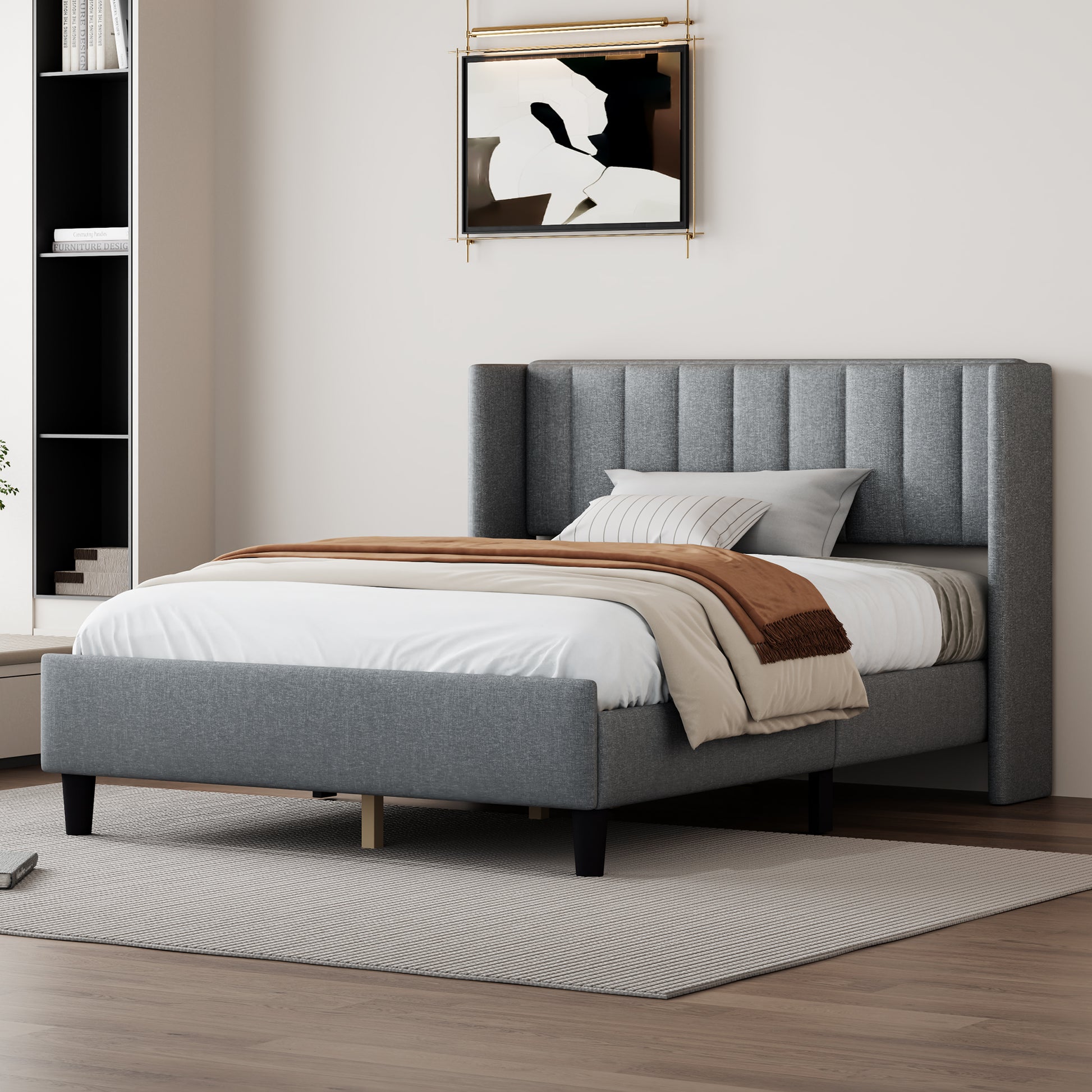 Queen Size Upholstered Platform Bed Frame With Headboard, Mattress Foundation, Wood Slat Support, Quiet, No Box Spring Needed, Easy To Assemble Light Grey Light Gray Wood