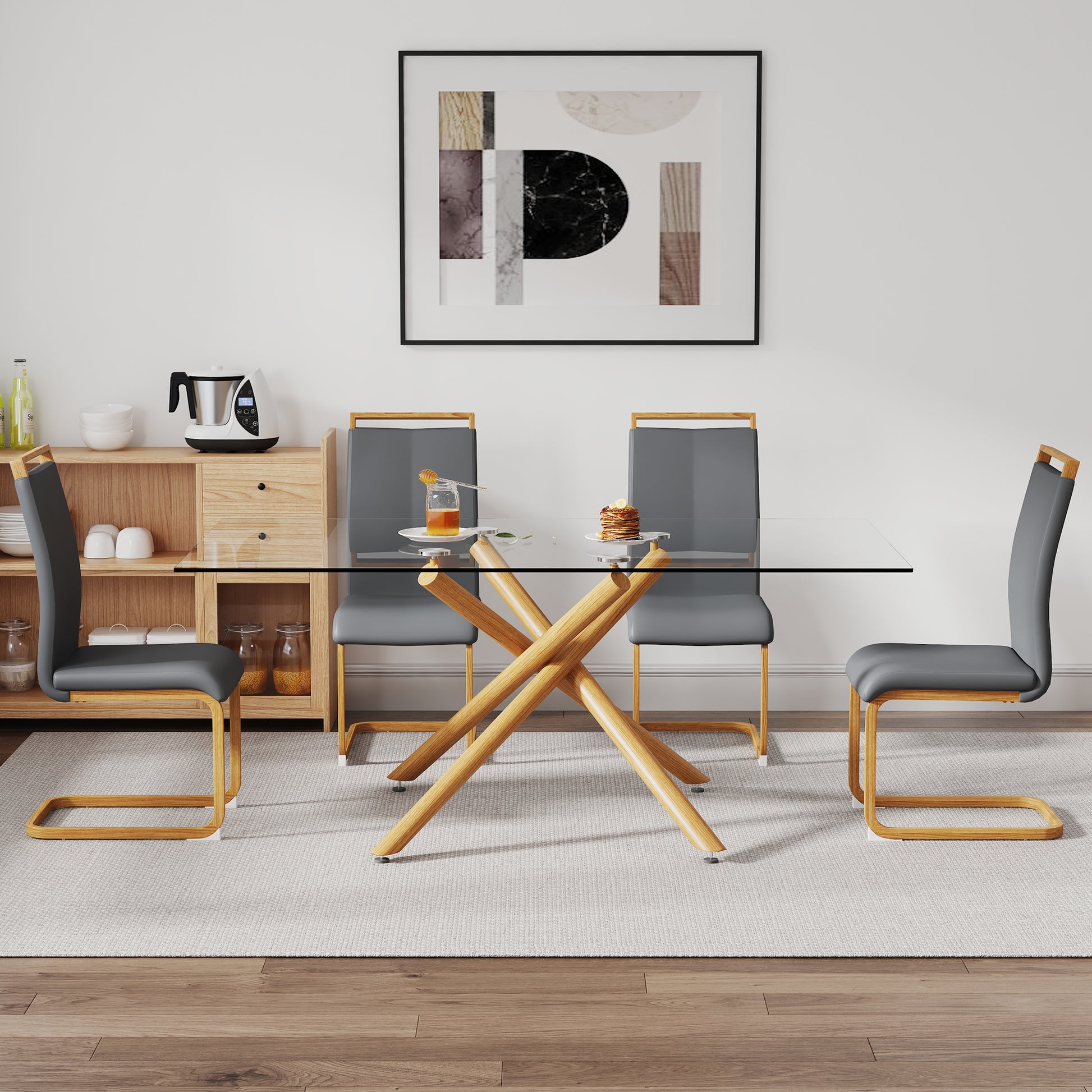 A Table With Four Chairs. Glass Dining Table With 0.39 "Tempered Glass Tabletop And Wooden Metal Legs. Pu Leather High Backrest Cushioned Side Chair With C Shaped Chrome Metal Legs. Transparent Glass
