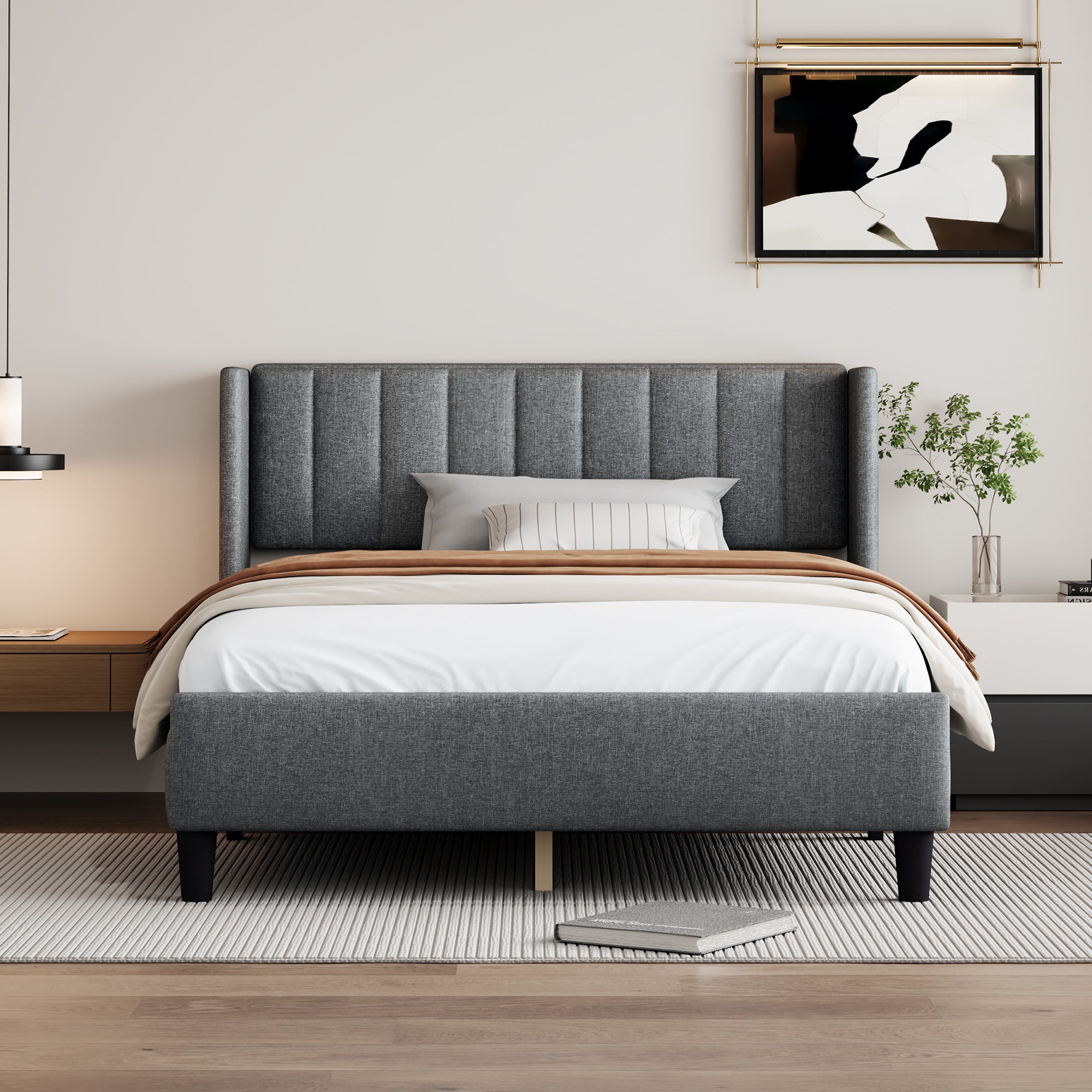 Queen Size Upholstered Platform Bed Frame With Headboard, Mattress Foundation, Wood Slat Support, Quiet, No Box Spring Needed, Easy To Assemble Light Grey Light Gray Wood