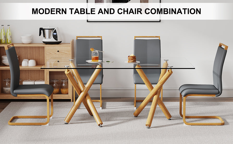 1 Table And 4 Chairs. Glass Dining Table With 0.39 "Tempered Glass Tabletop And Wooden Metal Legs.Grey Puleather High Backrest Soft Padded Side Chair With Wooden Color C Shaped Tube Chrome Metal Leg Transparent Glass