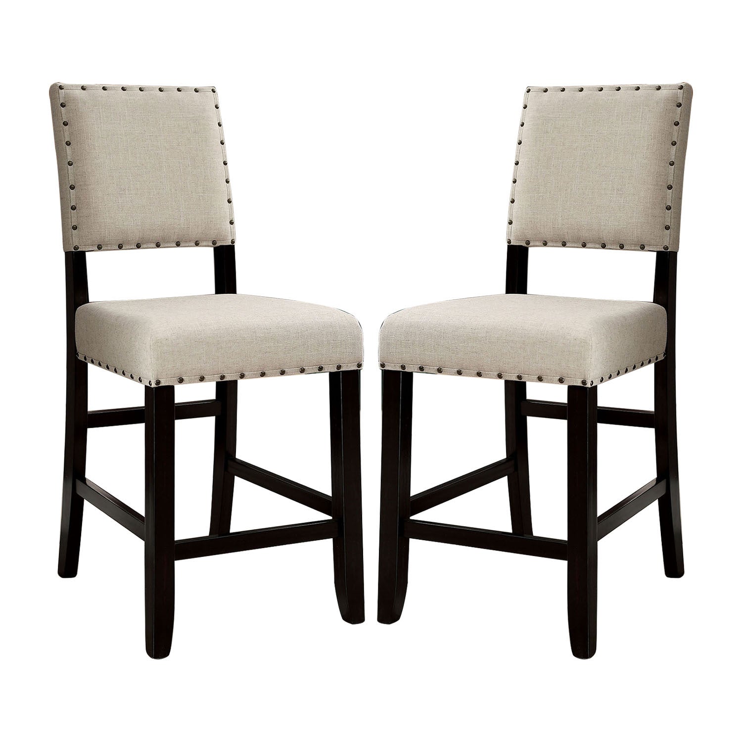 Set Of 2 Counter Height Chairs In Antique Black And Beige Solid Antique Black Dining Room Wood Fabric