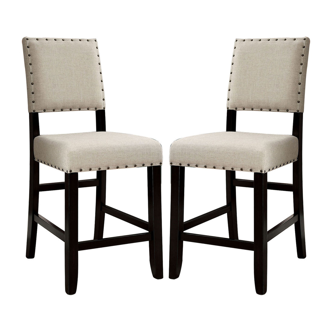 Set Of 2 Counter Height Chairs In Antique Black And Beige Solid Antique Black Dining Room Wood Fabric