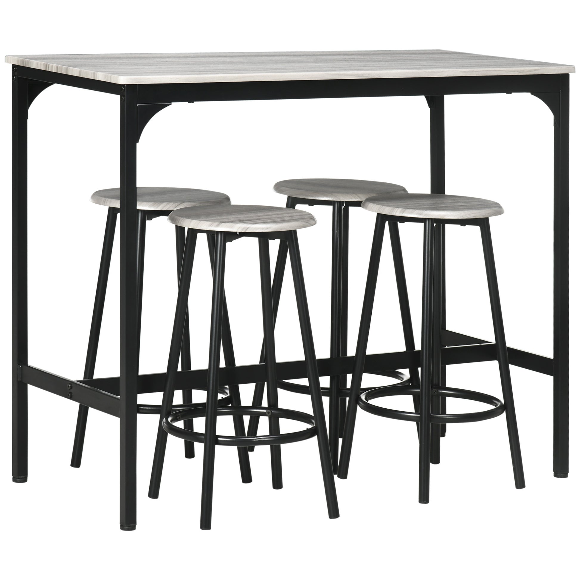 Homcom 5 Piece Counter Height Bar Table Set, Rustic 43.25" Dining Table With 4 Bar Stools, Kitchen Table With Wooden Top For Pub, Dining Room, Gray Gray Mdf