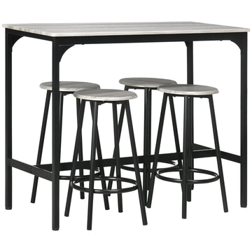 Homcom 5 Piece Counter Height Bar Table Set, Rustic 43.25" Dining Table With 4 Bar Stools, Kitchen Table With Wooden Top For Pub, Dining Room, Gray Gray Mdf