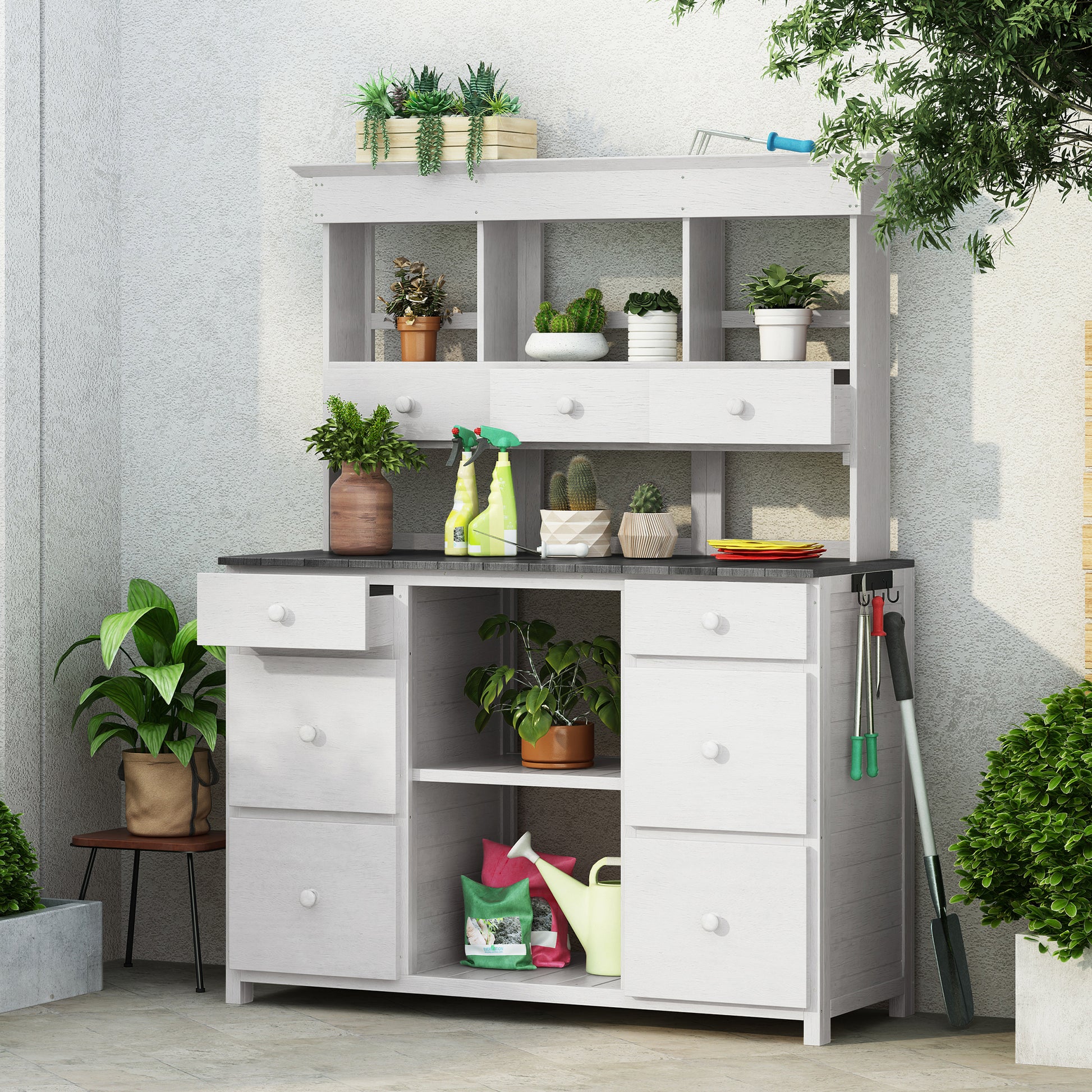 Garden Potting Bench Table, Rustic And Sleek Design With Multiple Drawers And Shelves For Storage, White And Gray White Gray Garden & Outdoor Rustic Wood