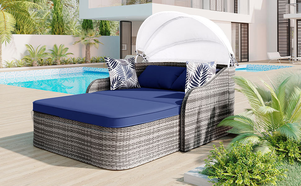 79.9" Outdoor Sunbed With Adjustable Canopy, Daybed With Pillows, Double Lounge, Pe Rattan Daybed, Gray Wicker And Blue Cushion Yes Blue Grey Garden & Outdoor Wicker