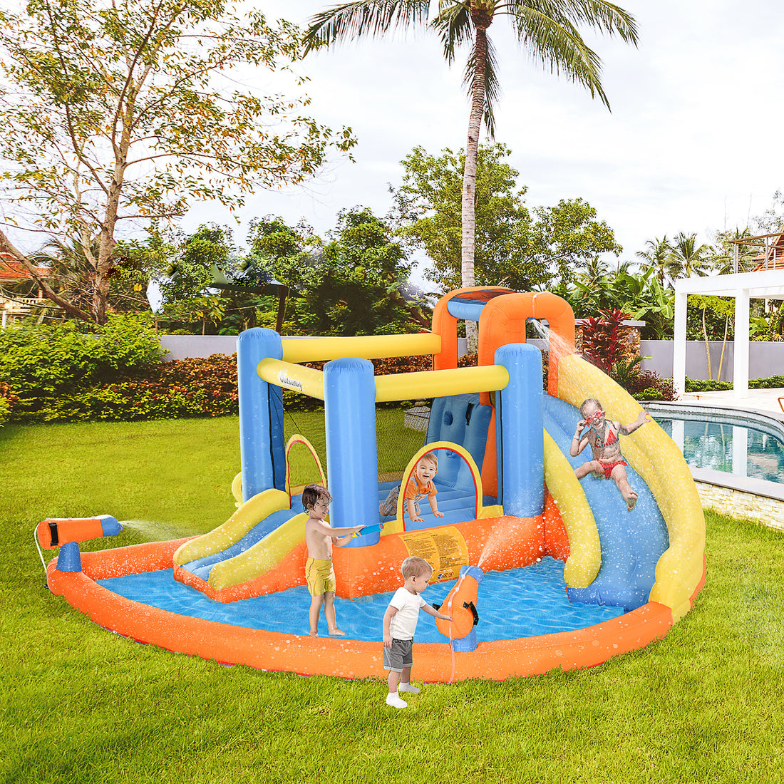 Outsunny Kids Inflatable Water Slide 5 In 1 Bounce House Water Park Jumping Castle With Water Pool, Slide, Climbing Walls, & 2 Water Cannons, 450W Air Blower Multicolor Fabric