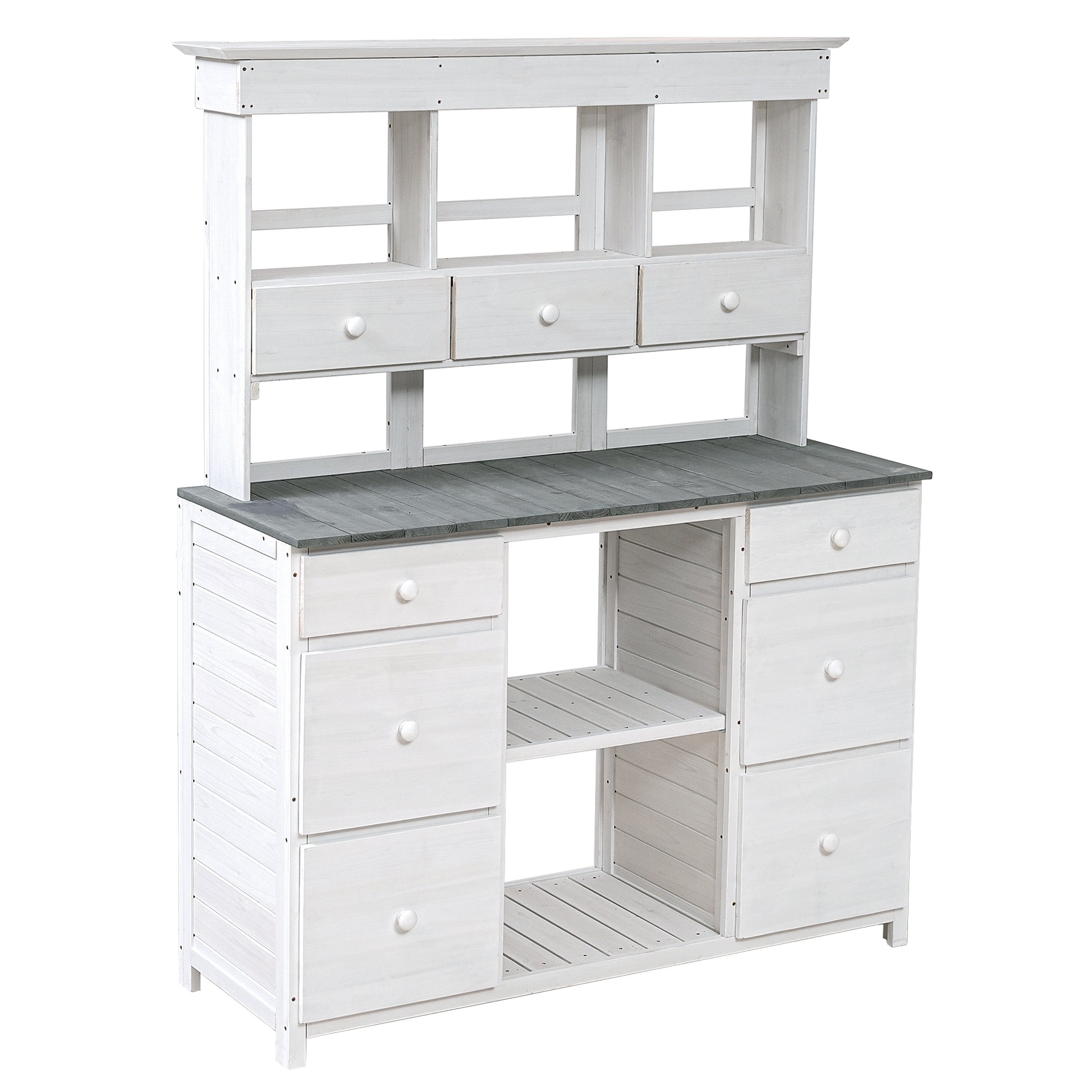 Garden Potting Bench Table, Rustic And Sleek Design With Multiple Drawers And Shelves For Storage, White And Gray White Gray Garden & Outdoor Rustic Wood
