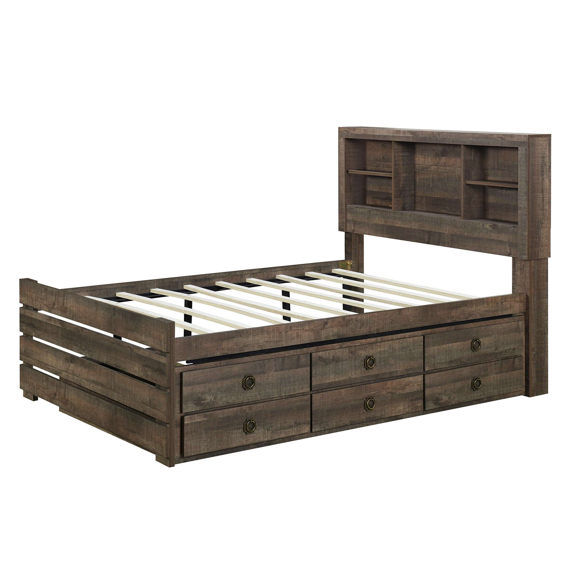 2 Pieces Bedroom Sets Farmhouse Style Full Size Bookcase Captain Bed And Nightstand, Rustic Brown Full Rustic Brown Bed Included,Nightstand Included Plywood