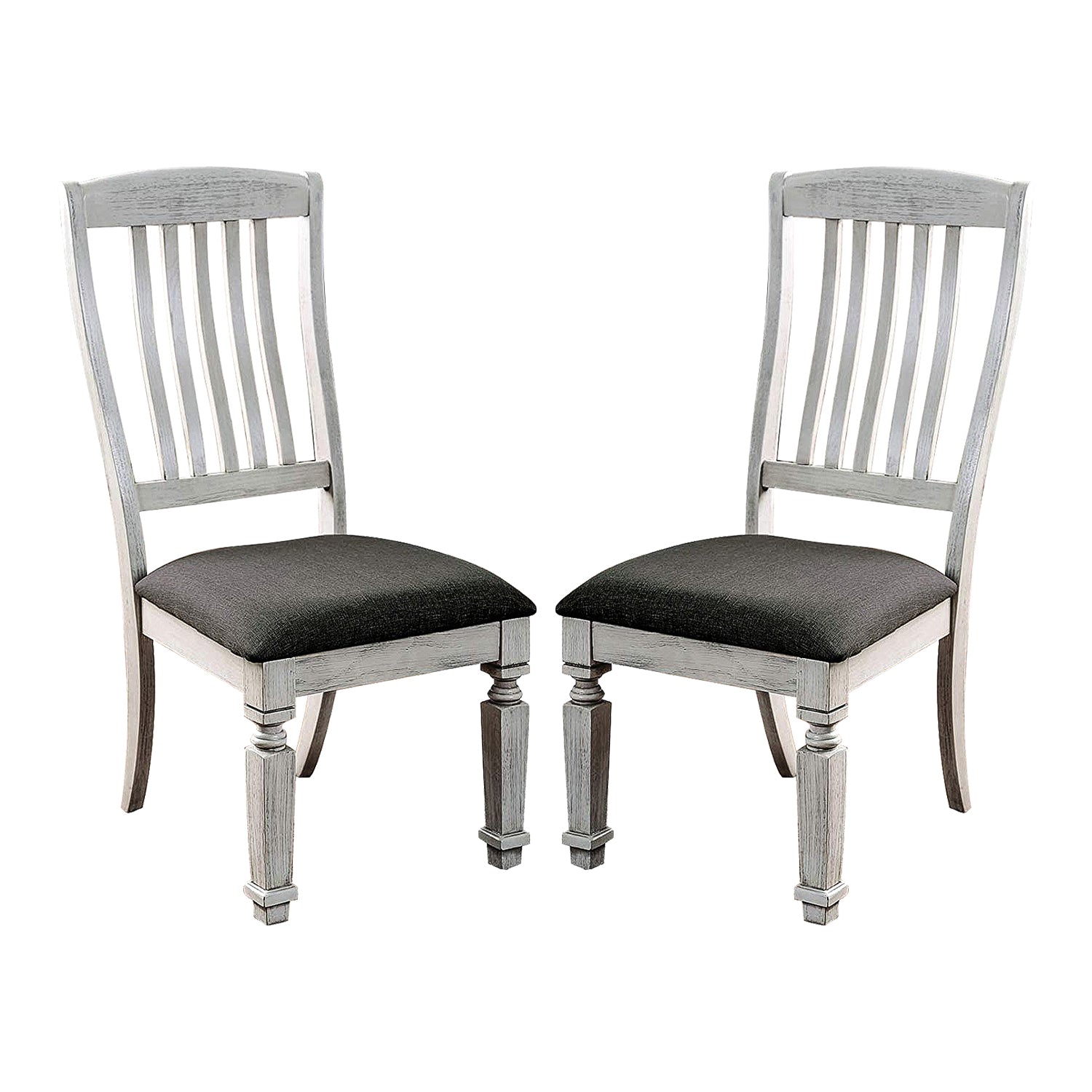 Set Of 2 Padded Fabric Seat Side Chairs In Antique White And Gray Solid Antique White Dining Room Dining Chairs Slat Back Wood Fabric