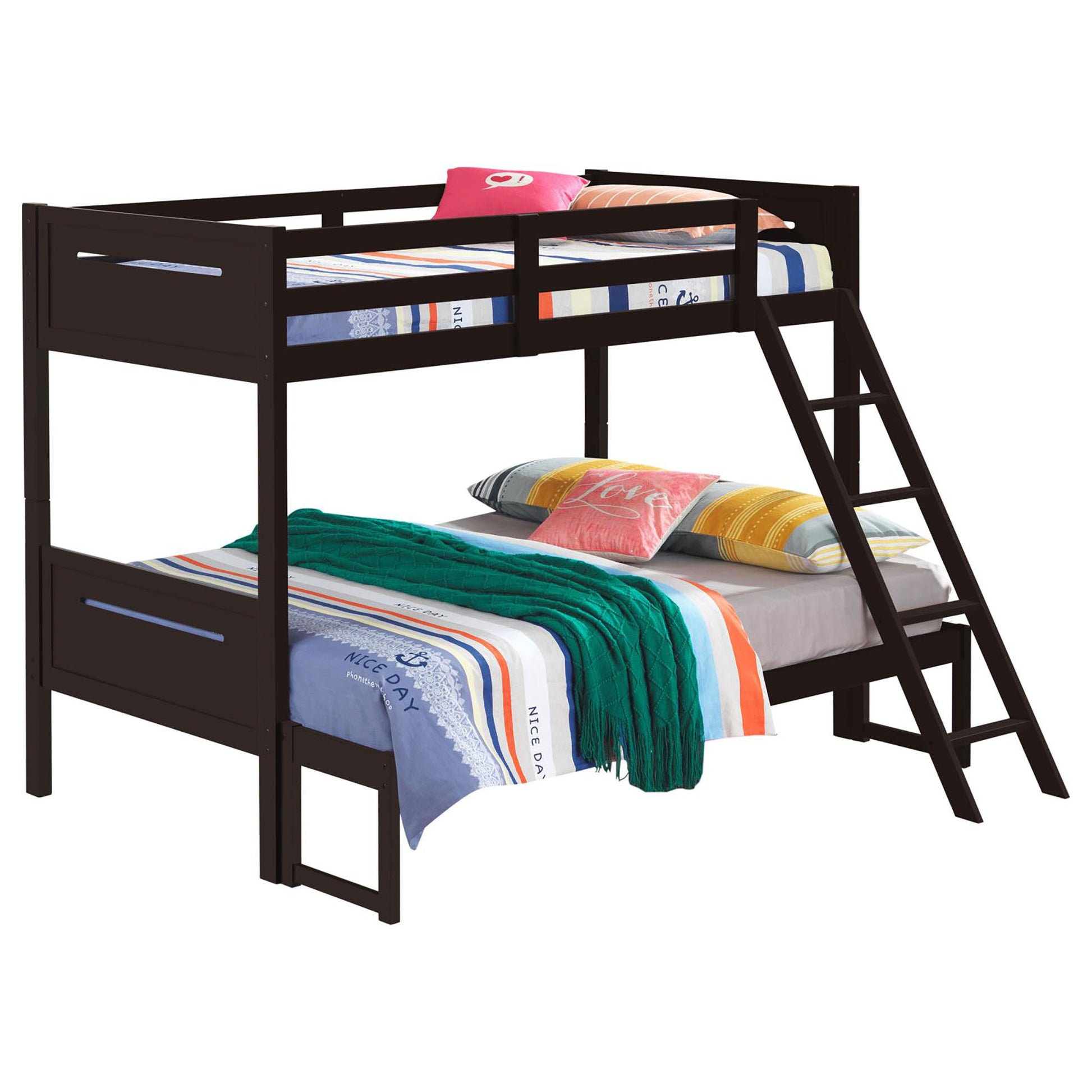 Espresso Twin Full Bunk Bed With Built In Ladder Twin Brown Wood Espresso Bedroom Transitional Rubberwood Bunk Wood