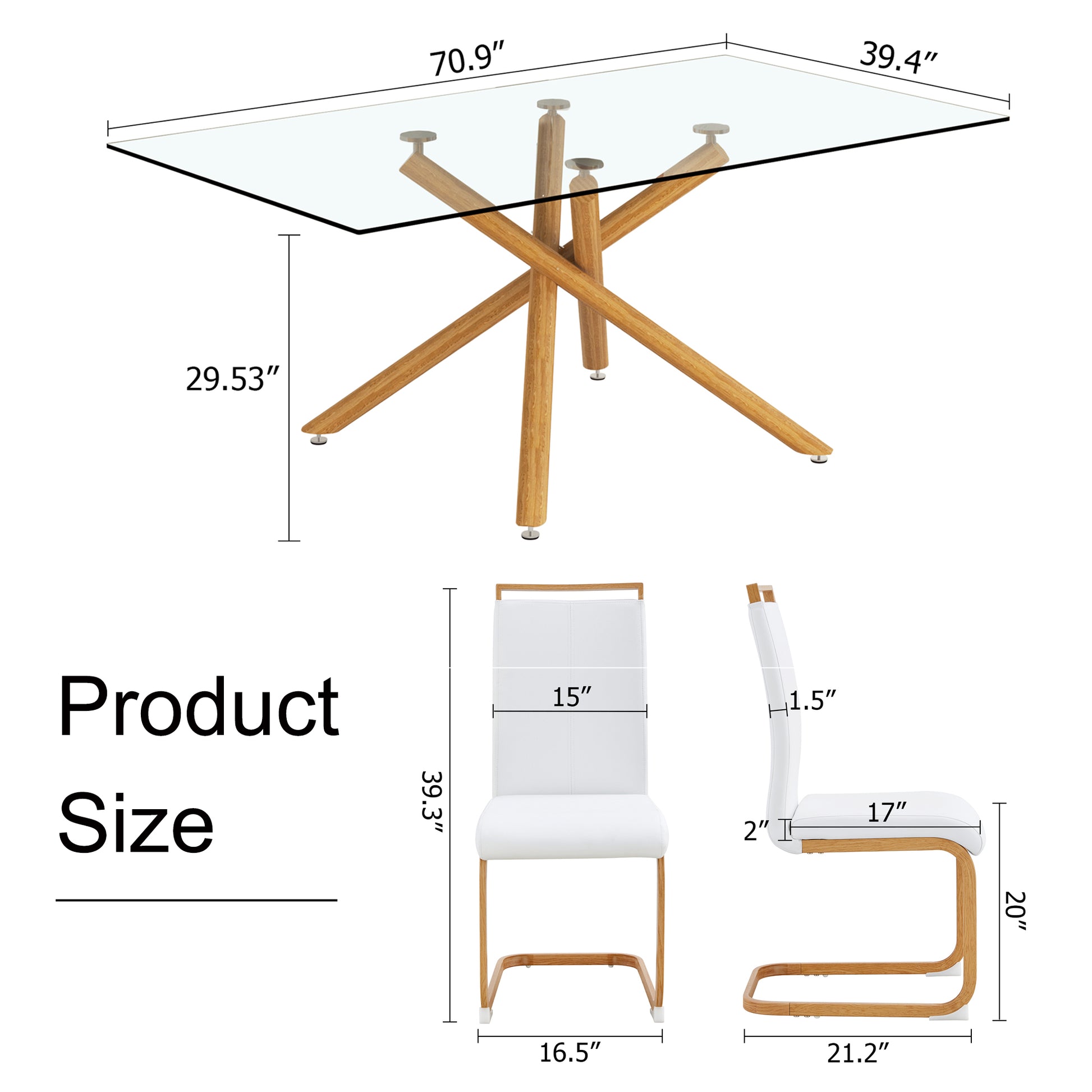 A Table With Four Chairs. Glass Dining Table With 0.39 "Tempered Glass Tabletop And Wooden Metal Legs. Pu Leather High Backrest Cushioned Side Chair With C Shaped Chrome Metal Legs. Transparent Glass