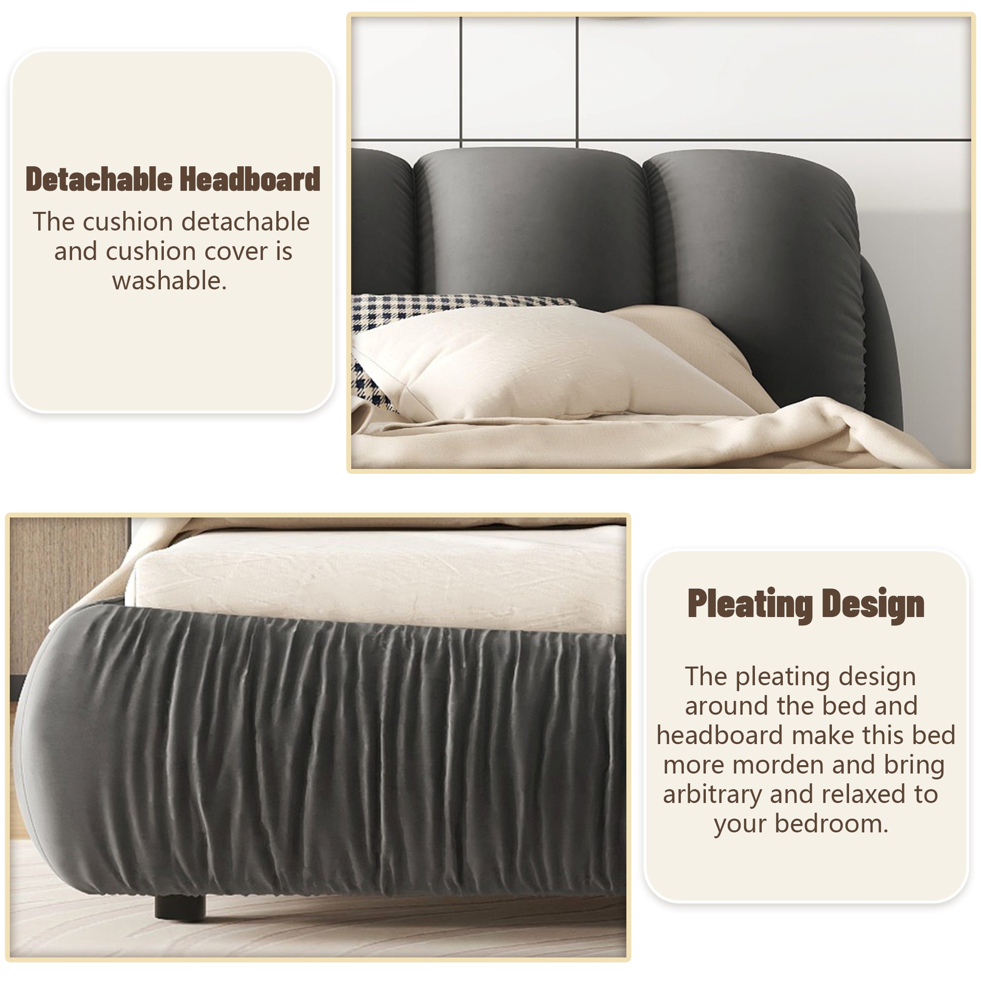 King Size Luxury Upholstered Bed With Thick Headboard, Velvet King Bed With Oversized Padded Backrest, Gray Expect Arrive Date 2024 3 15 King Gray Velvet