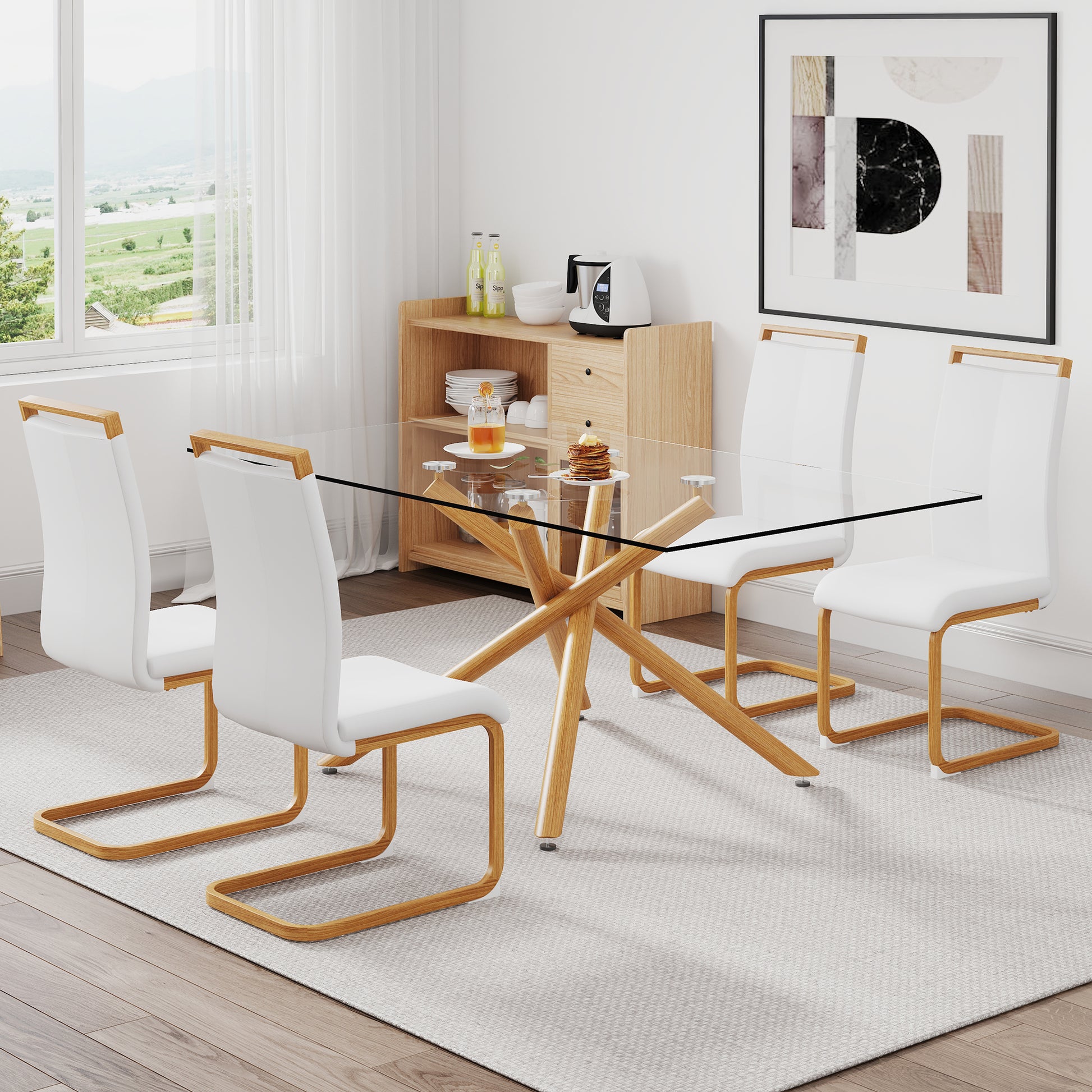 A Table With Four Chairs. Glass Dining Table With 0.39 "Tempered Glass Tabletop And Wooden Metal Legs. Pu Leather High Backrest Cushioned Side Chair With C Shaped Chrome Metal Legs. Transparent Glass