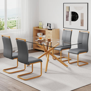 A Table With Four Chairs. Glass Dining Table With 0.39 "Tempered Glass Tabletop And Wooden Metal Legs. Pu Leather High Backrest Cushioned Side Chair With C Shaped Chrome Metal Legs. Transparent Glass