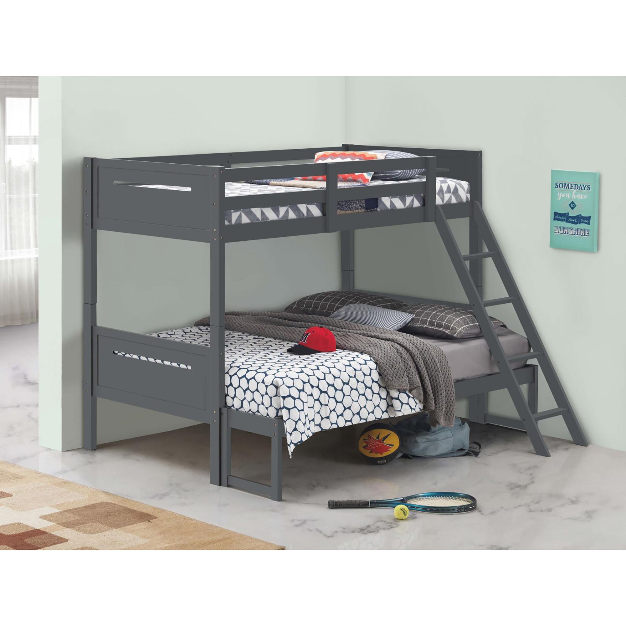 Grey Twin Full Bunk Bed With Built In Ladder Twin Grey Wood Gray Bedroom Transitional Rubberwood Bunk Wood
