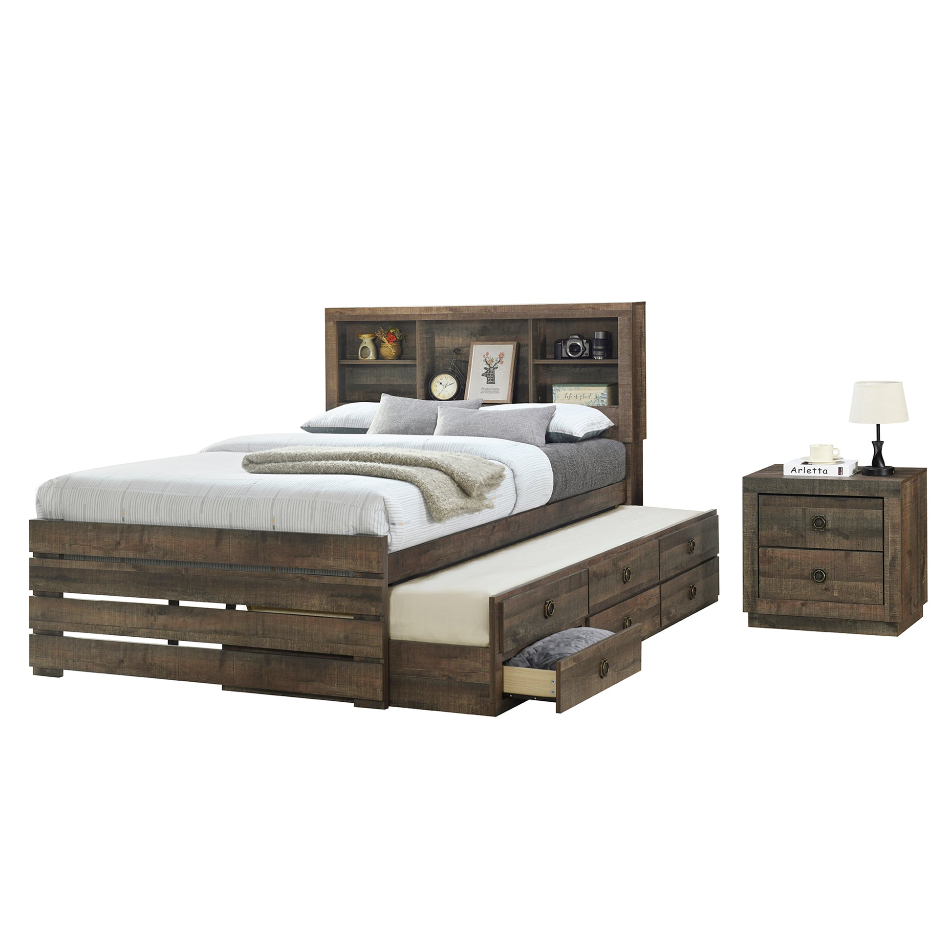 2 Pieces Bedroom Sets Farmhouse Style Full Size Bookcase Captain Bed And Nightstand, Rustic Brown Full Rustic Brown Bed Included,Nightstand Included Plywood