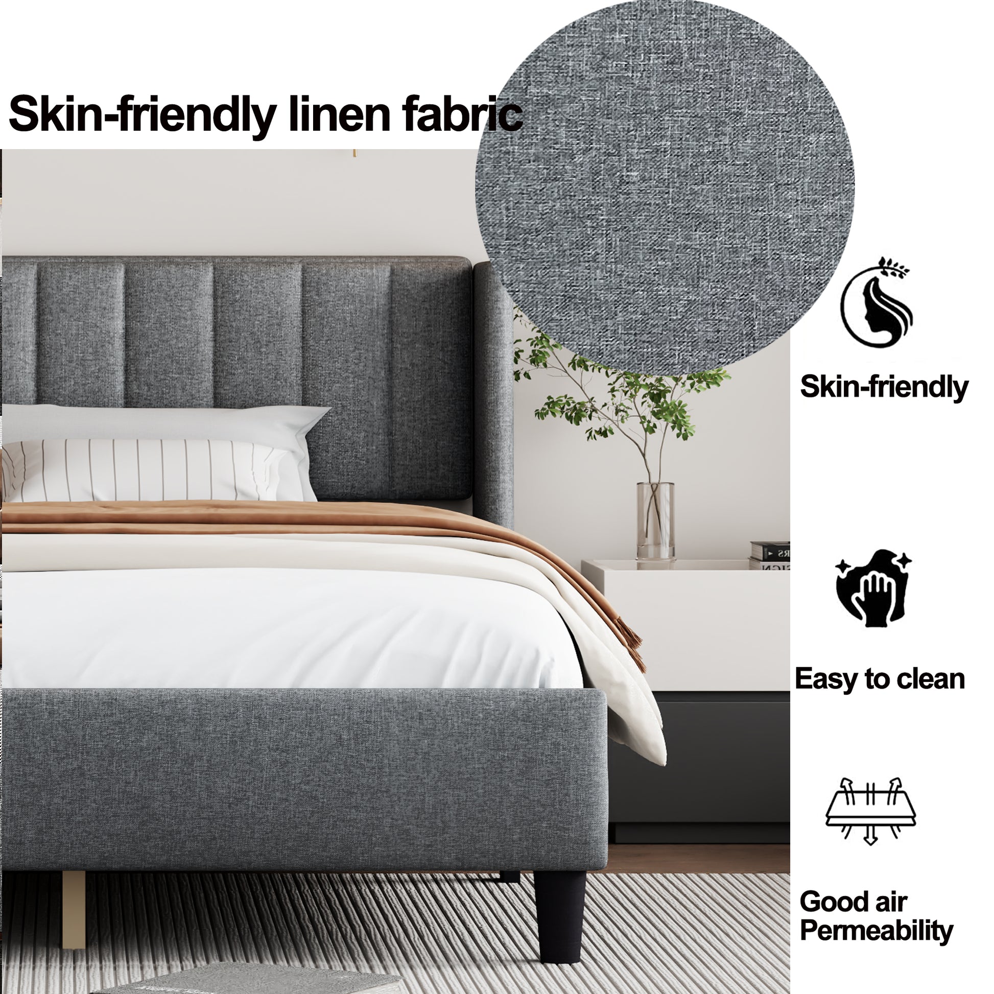 Queen Size Upholstered Platform Bed Frame With Headboard, Mattress Foundation, Wood Slat Support, Quiet, No Box Spring Needed, Easy To Assemble Light Grey Light Gray Wood