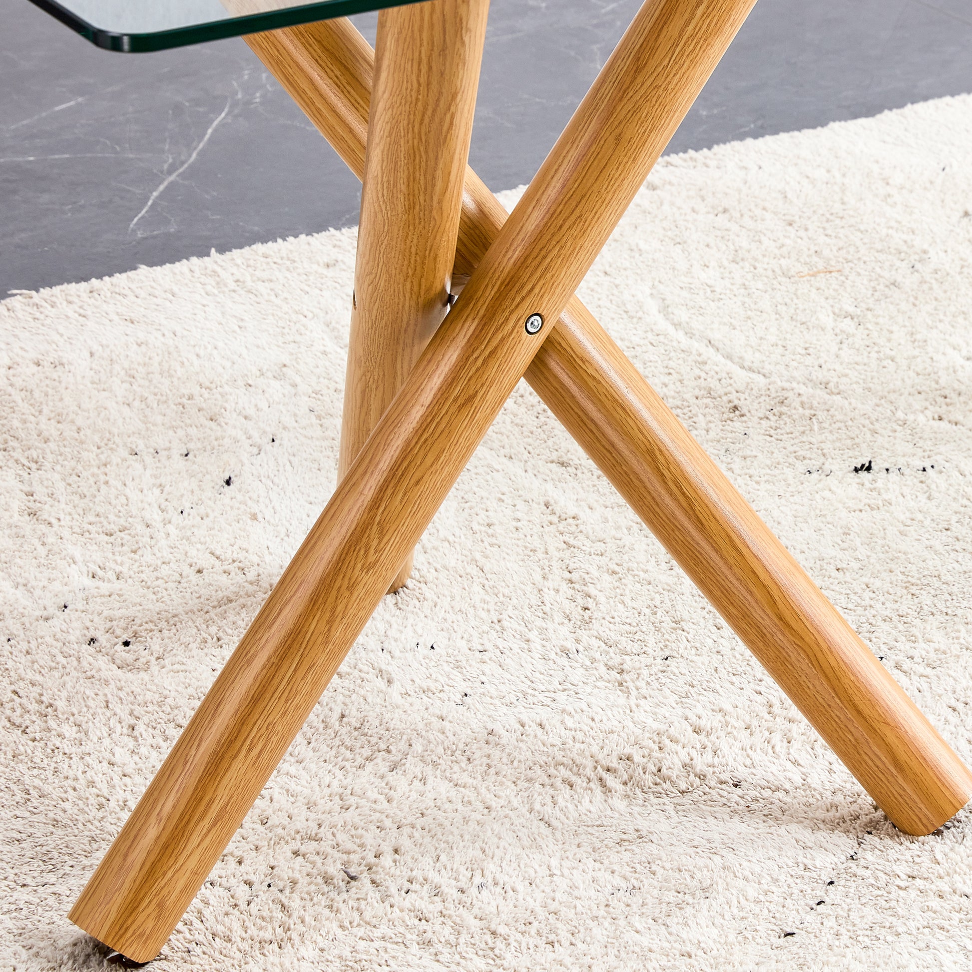 1 Table And 4 Chairs. Glass Dining Table With 0.39 "Tempered Glass Tabletop And Wooden Metal Legs.Grey Puleather High Backrest Soft Padded Side Chair With Wooden Color C Shaped Tube Chrome Metal Leg Transparent Glass