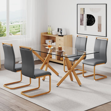 1 Table And 4 Chairs. Glass Dining Table With 0.39 "Tempered Glass Tabletop And Wooden Metal Legs.Grey Puleather High Backrest Soft Padded Side Chair With Wooden Color C Shaped Tube Chrome Metal Leg Transparent Glass