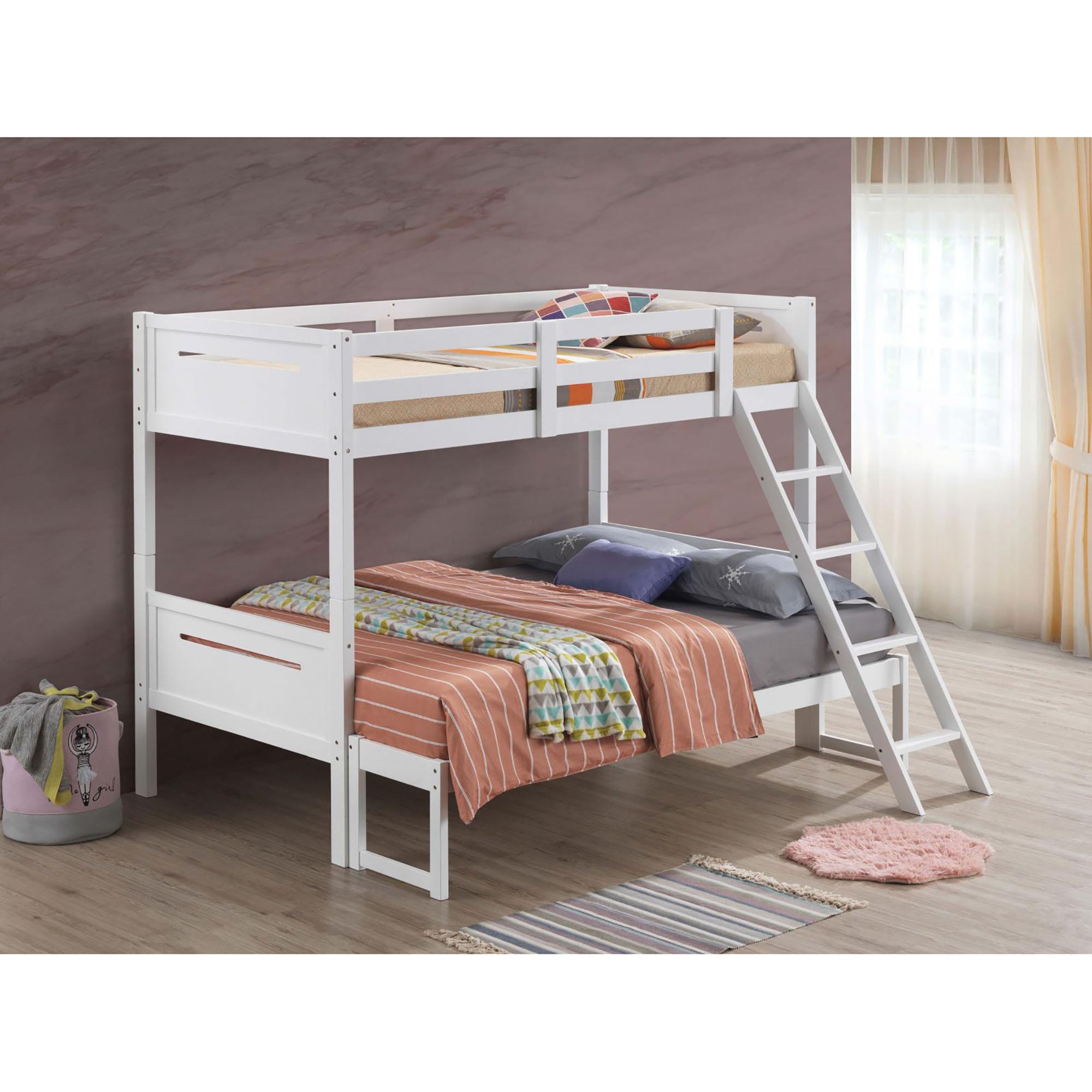 White Twin Full Bunk Bed With Built In Ladder Twin White Wood White Bedroom Transitional Rubberwood Bunk Wood