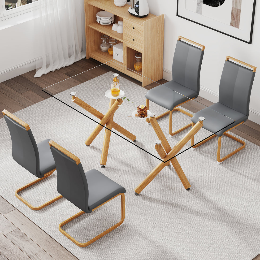1 Table And 4 Chairs. Glass Dining Table With 0.39 "Tempered Glass Tabletop And Wooden Metal Legs.Grey Puleather High Backrest Soft Padded Side Chair With Wooden Color C Shaped Tube Chrome Metal Leg Transparent Glass