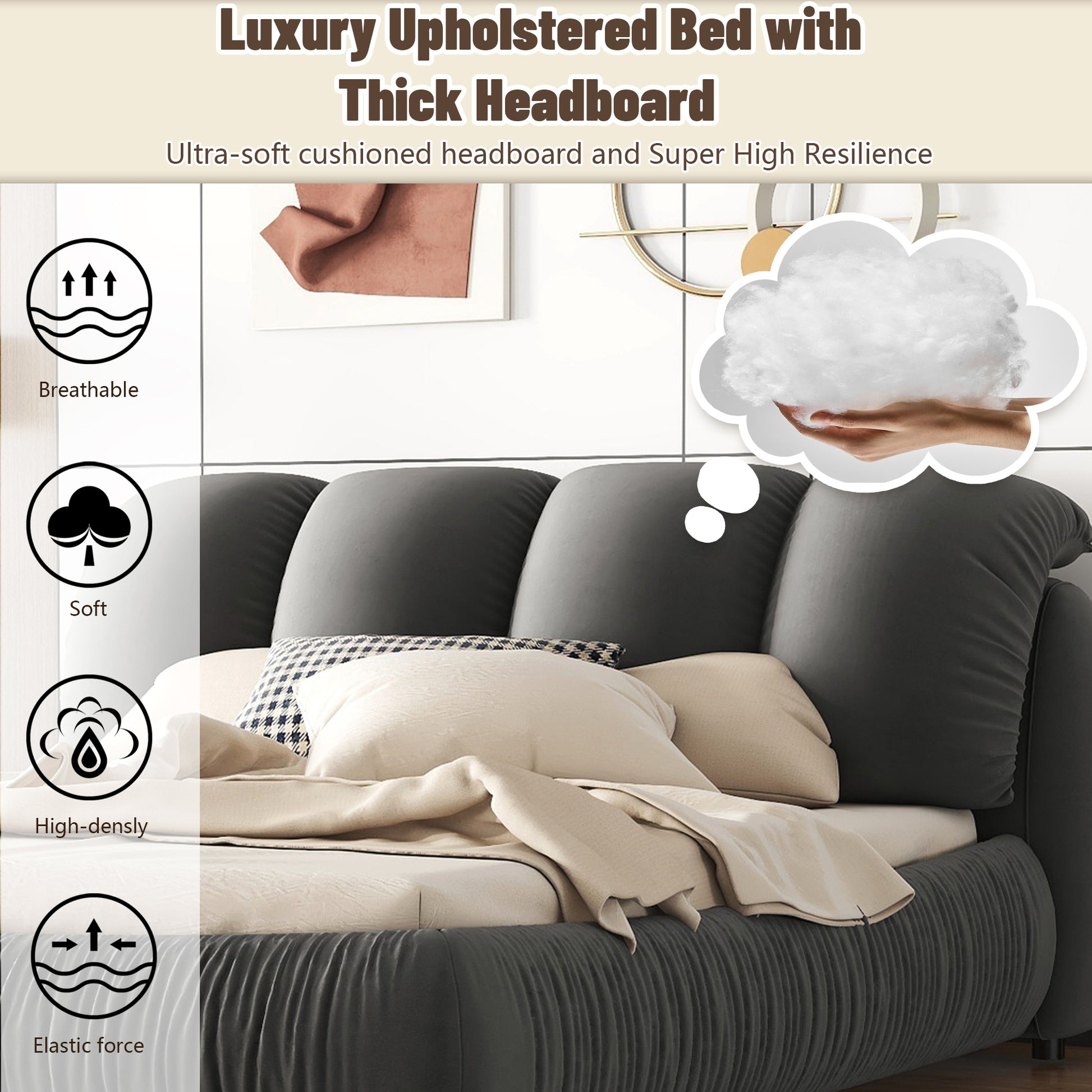 King Size Luxury Upholstered Bed With Thick Headboard, Velvet King Bed With Oversized Padded Backrest, Gray Expect Arrive Date 2024 3 15 King Gray Velvet