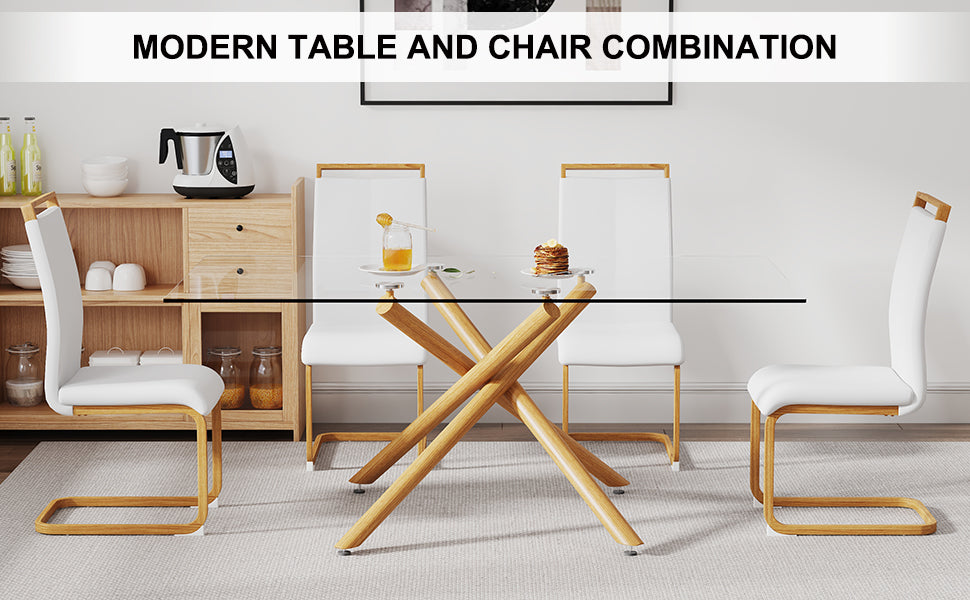 A Table With Four Chairs. Glass Dining Table With 0.39 "Tempered Glass Tabletop And Wooden Metal Legs. Pu Leather High Backrest Cushioned Side Chair With C Shaped Chrome Metal Legs. Transparent Glass