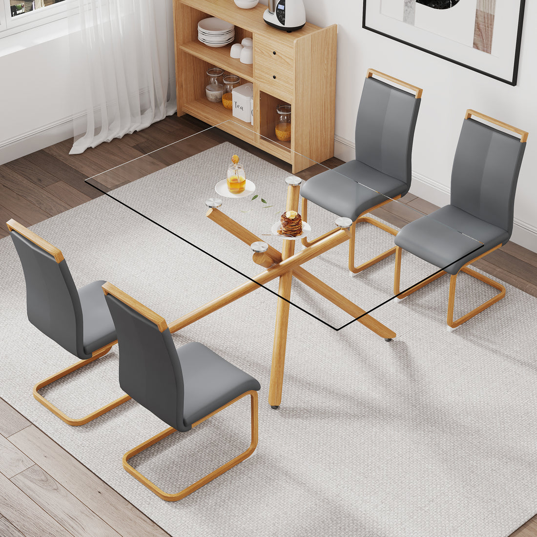 A Table With Four Chairs. Glass Dining Table With 0.39 "Tempered Glass Tabletop And Wooden Metal Legs. Pu Leather High Backrest Cushioned Side Chair With C Shaped Chrome Metal Legs. Transparent Glass