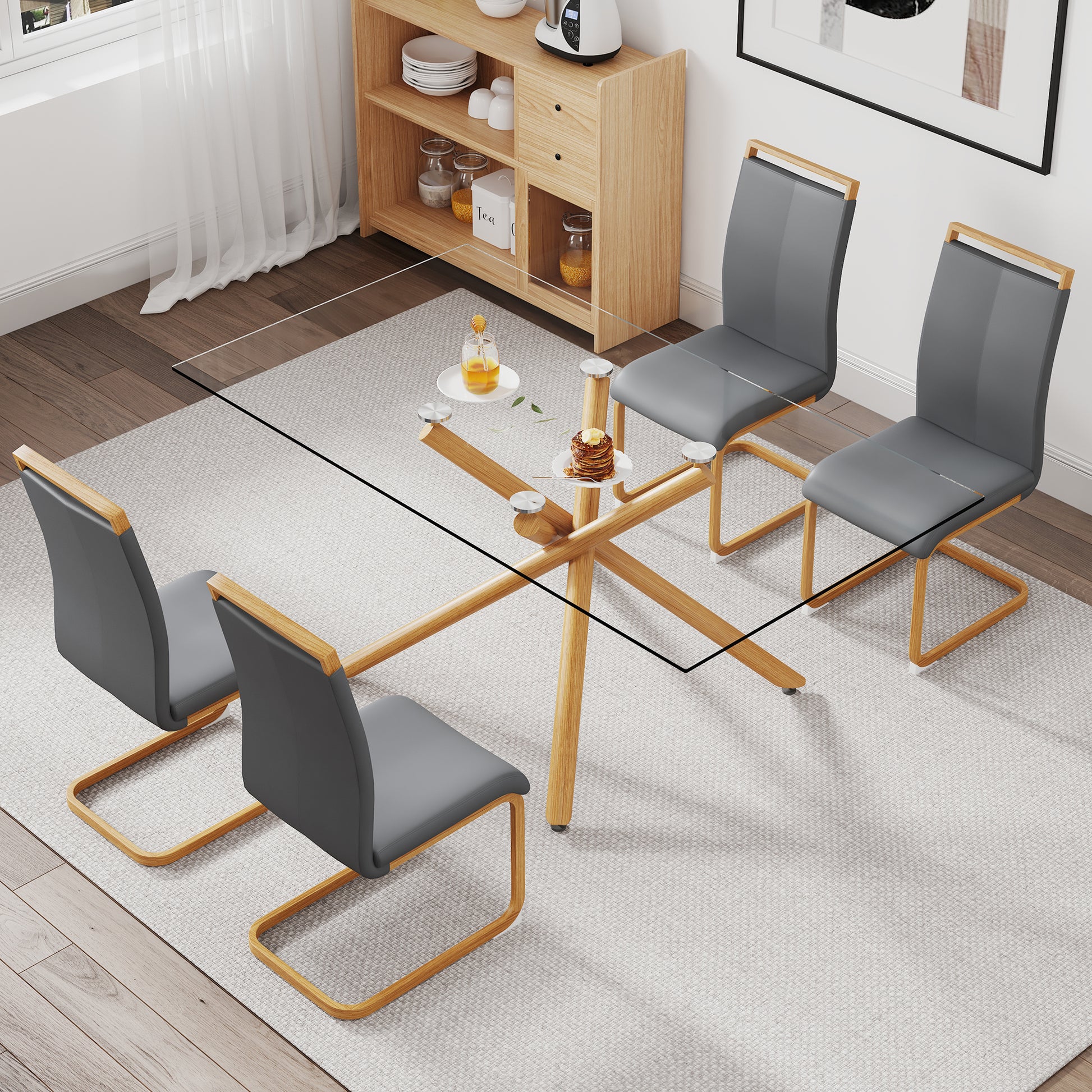 A Table With Four Chairs. Glass Dining Table With 0.39 "Tempered Glass Tabletop And Wooden Metal Legs. Pu Leather High Backrest Cushioned Side Chair With C Shaped Chrome Metal Legs. Transparent Glass