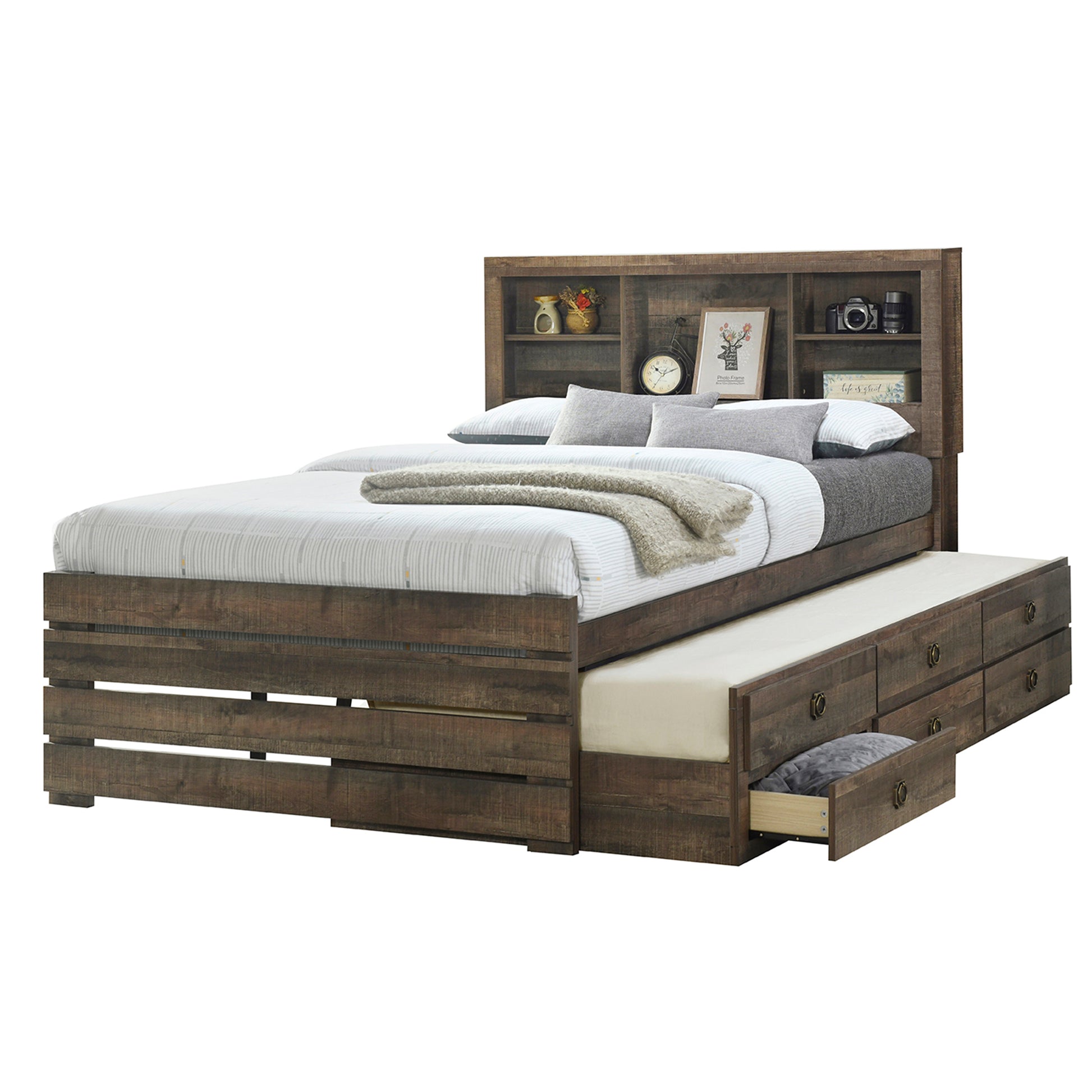 2 Pieces Bedroom Sets Farmhouse Style Full Size Bookcase Captain Bed And Nightstand, Rustic Brown Full Rustic Brown Bed Included,Nightstand Included Plywood