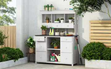 Garden Potting Bench Table, Rustic And Sleek Design With Multiple Drawers And Shelves For Storage, White And Gray White Gray Garden & Outdoor Rustic Wood