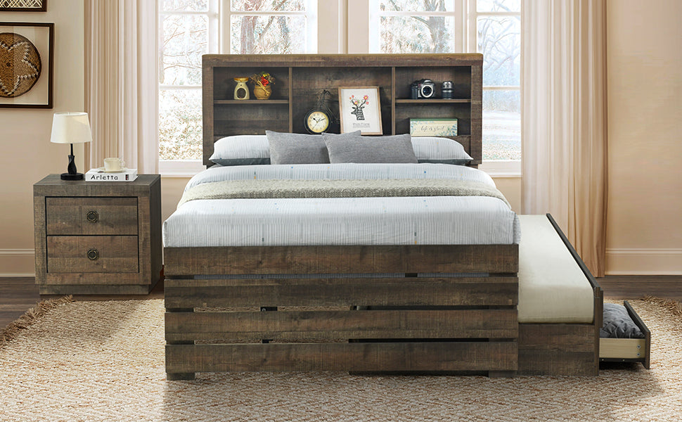 2 Pieces Bedroom Sets Farmhouse Style Full Size Bookcase Captain Bed And Nightstand, Rustic Brown Full Rustic Brown Bed Included,Nightstand Included Plywood