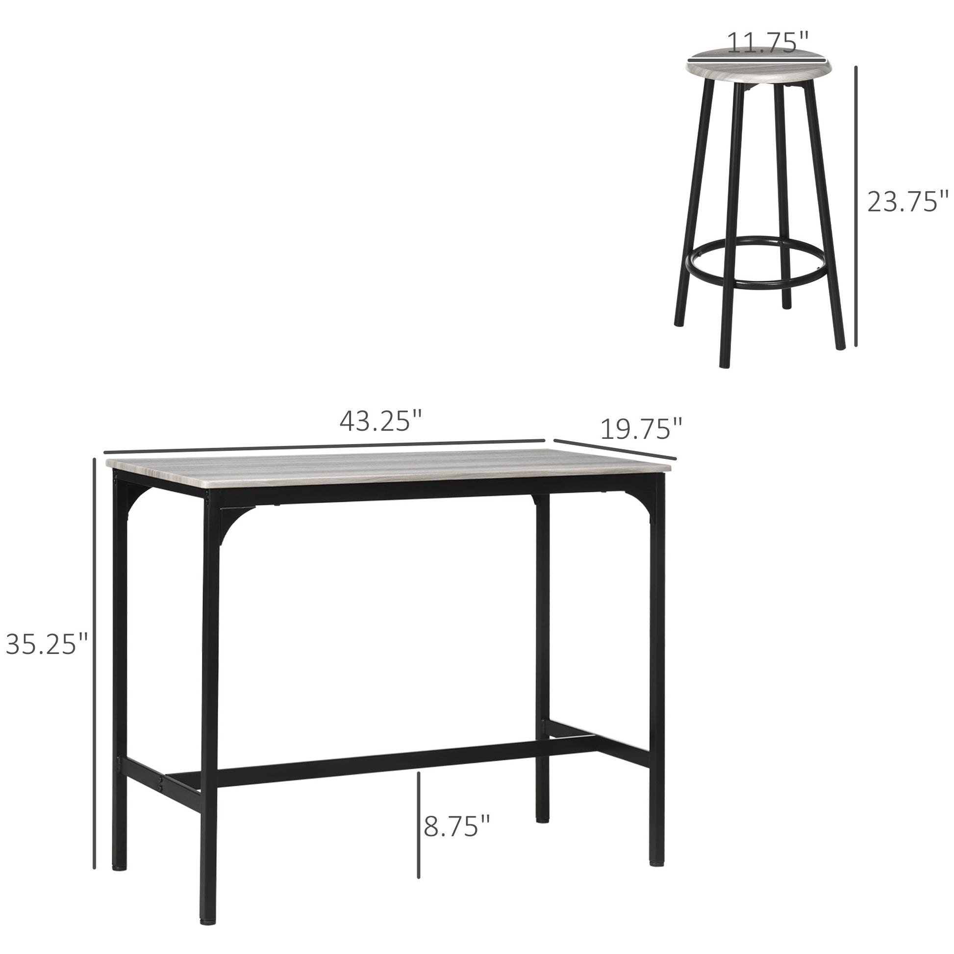 Homcom 5 Piece Counter Height Bar Table Set, Rustic 43.25" Dining Table With 4 Bar Stools, Kitchen Table With Wooden Top For Pub, Dining Room, Gray Gray Mdf