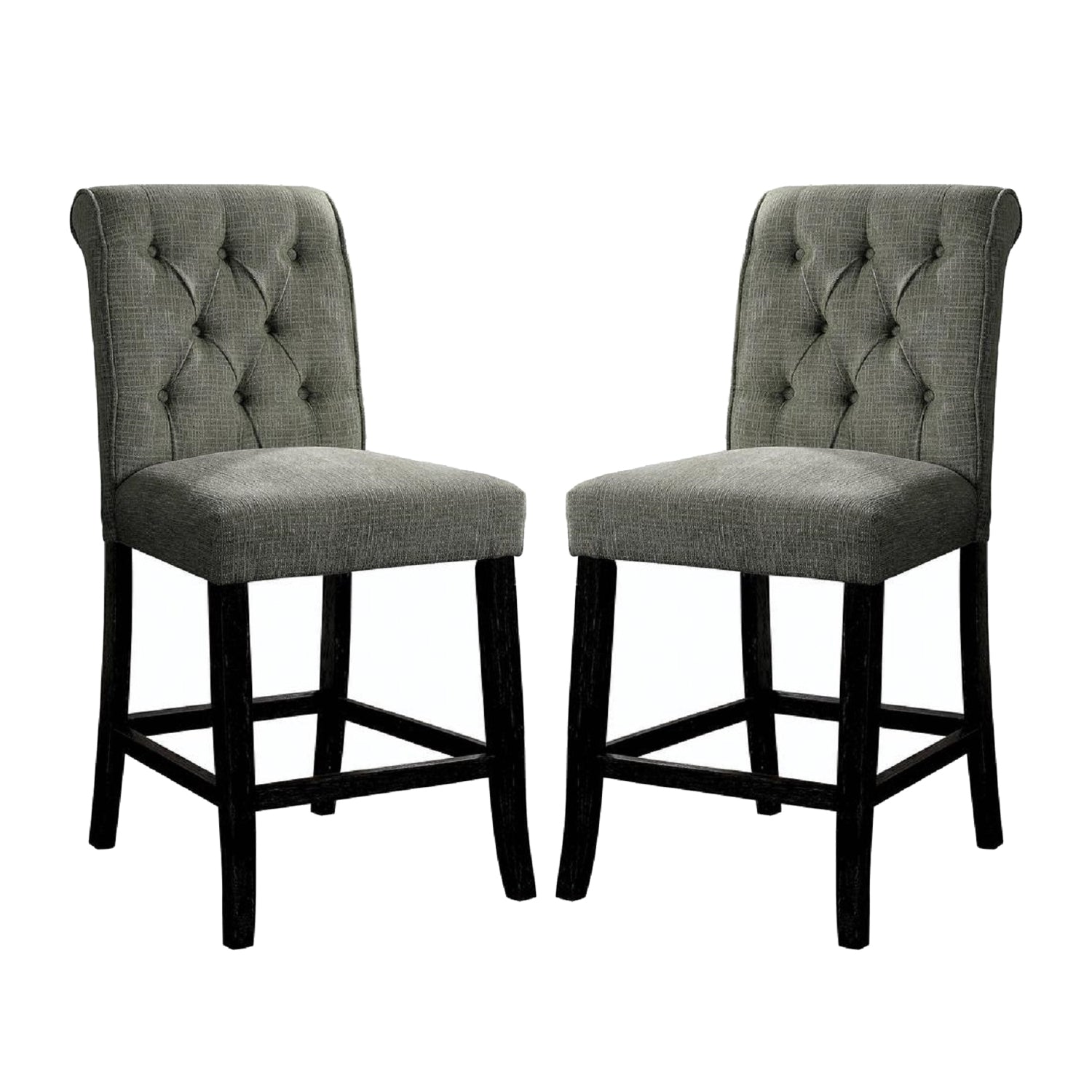 Set Of 2 Fabric Upholstered Dining Chairs In Antique Black And Gray Solid Antique Black Dining Room Wood Fabric