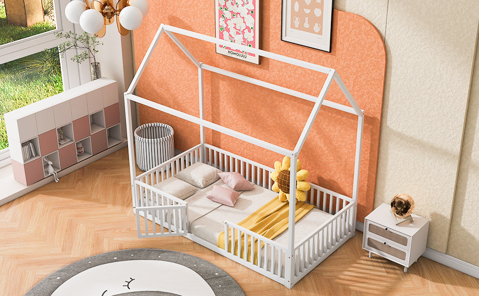 Twin Size Metal House Bed With Fence And Door, White White Metal
