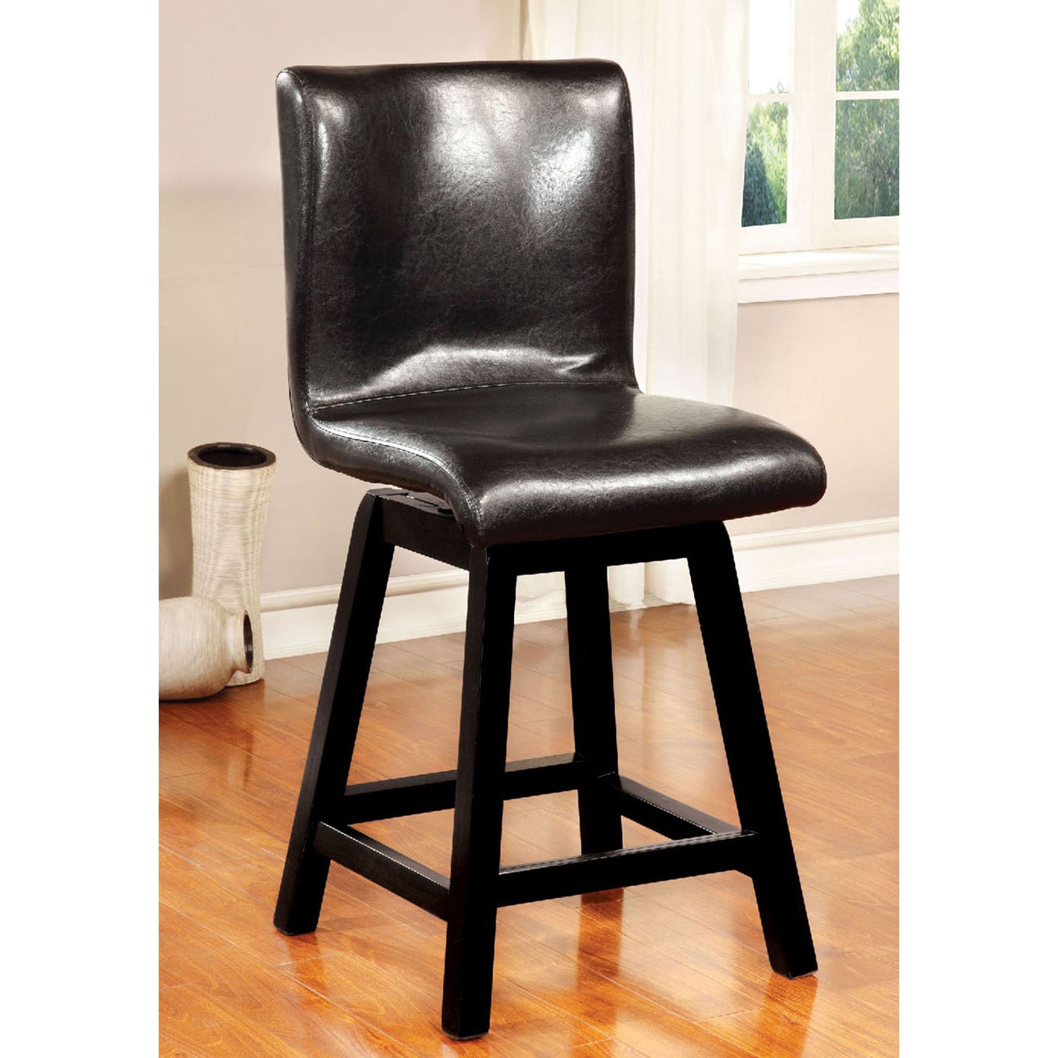 Set Of 2 Swivel Padded Counter Height Chairs In Black Finish Solid Black Dining Room Faux Leather