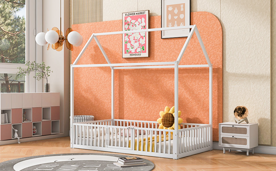 Twin Size Metal House Bed With Fence And Door, White White Metal