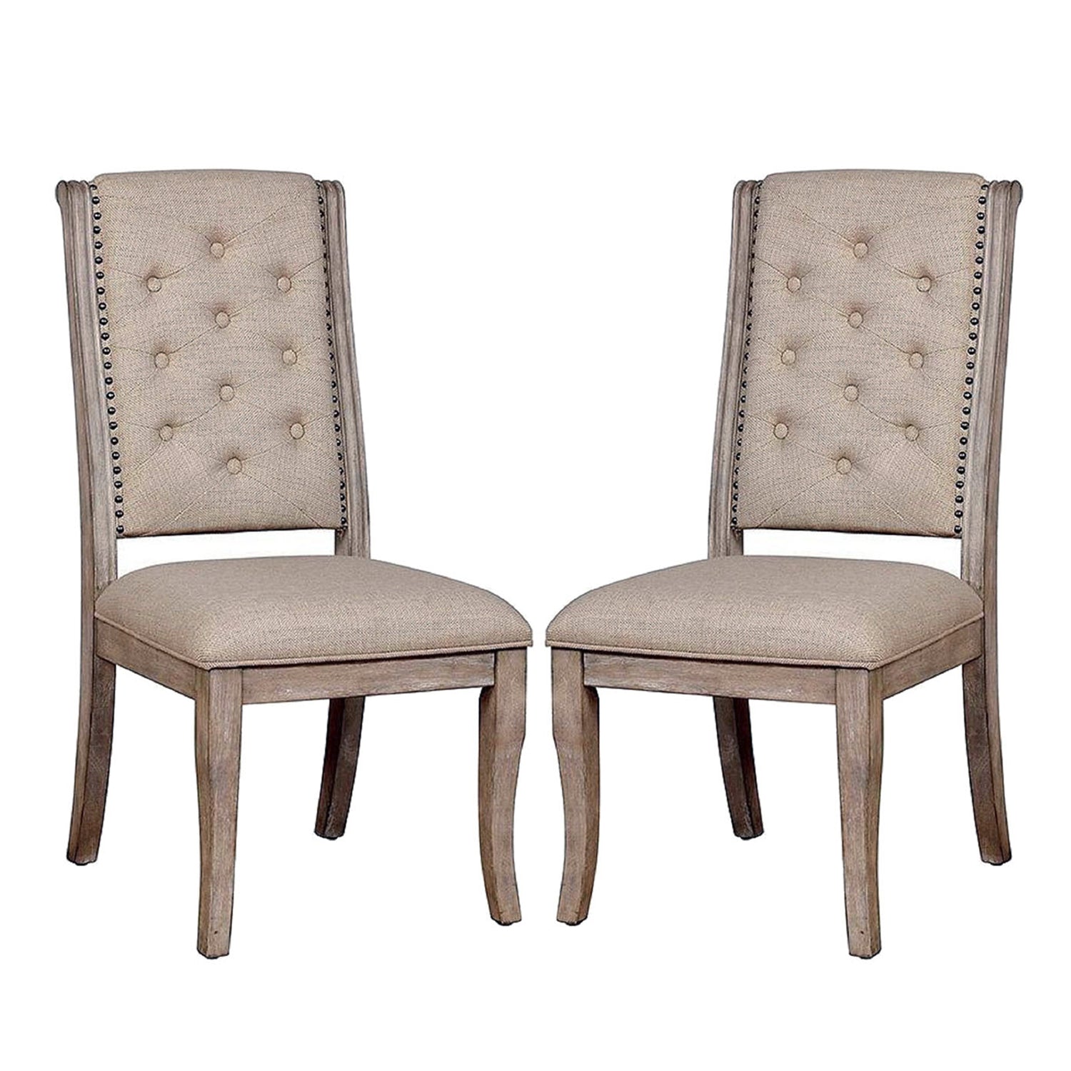 Set Of 2 Beige Upholstered Side Chairs In Rustic Natural Tone Solid Natural Dining Room Dining Chairs Tufted Back Wood Fabric
