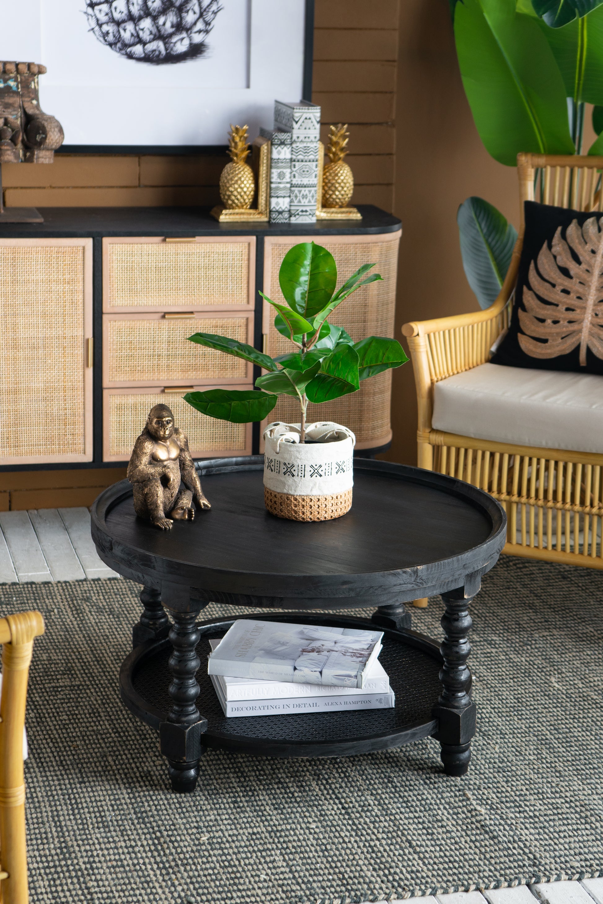 D29.7" X 16.5"Round 2 Tiered Side Tabel, Natural End Tabel For Lving Room Bedroom Entryway, Black Black Wood