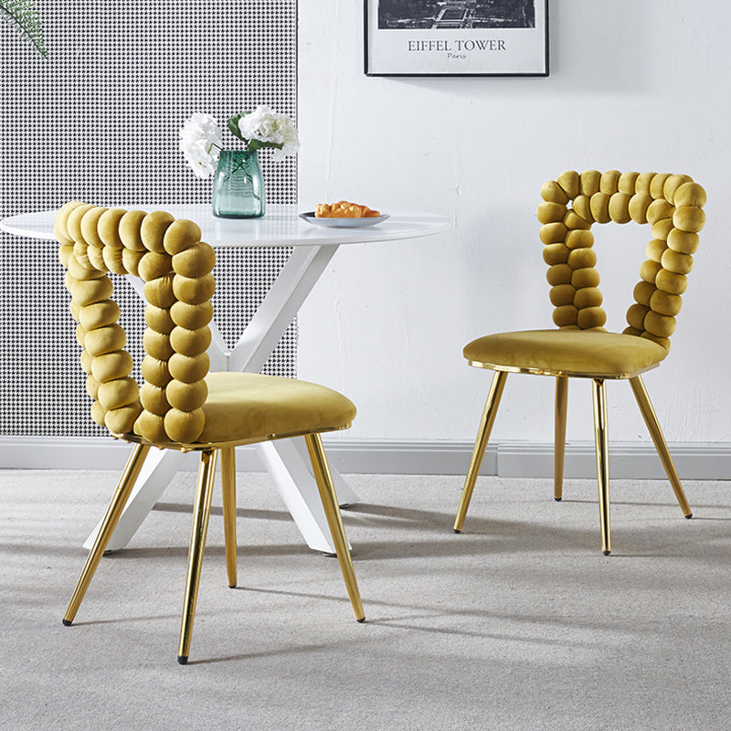 Modern Chair Set Of 2 With Iron Tube Legs, Soft Cushions And Comfortable Backrest, Suitable For Dining Room, Living Room, Cafe,Hairball Back Yellow Fabric