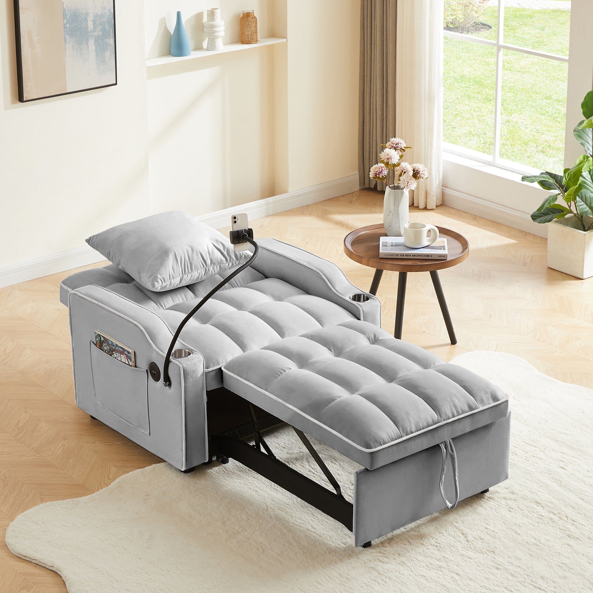 3 In 1 Sofa Bed, Convertible Sleeper Chair Sofa Bed Adjustable Pull Out Sleeper Chair Bed Multi Pockets Folding Sofa Bed For Living Room Bedroom Small Space Grey Grey Velvet 1 Seat