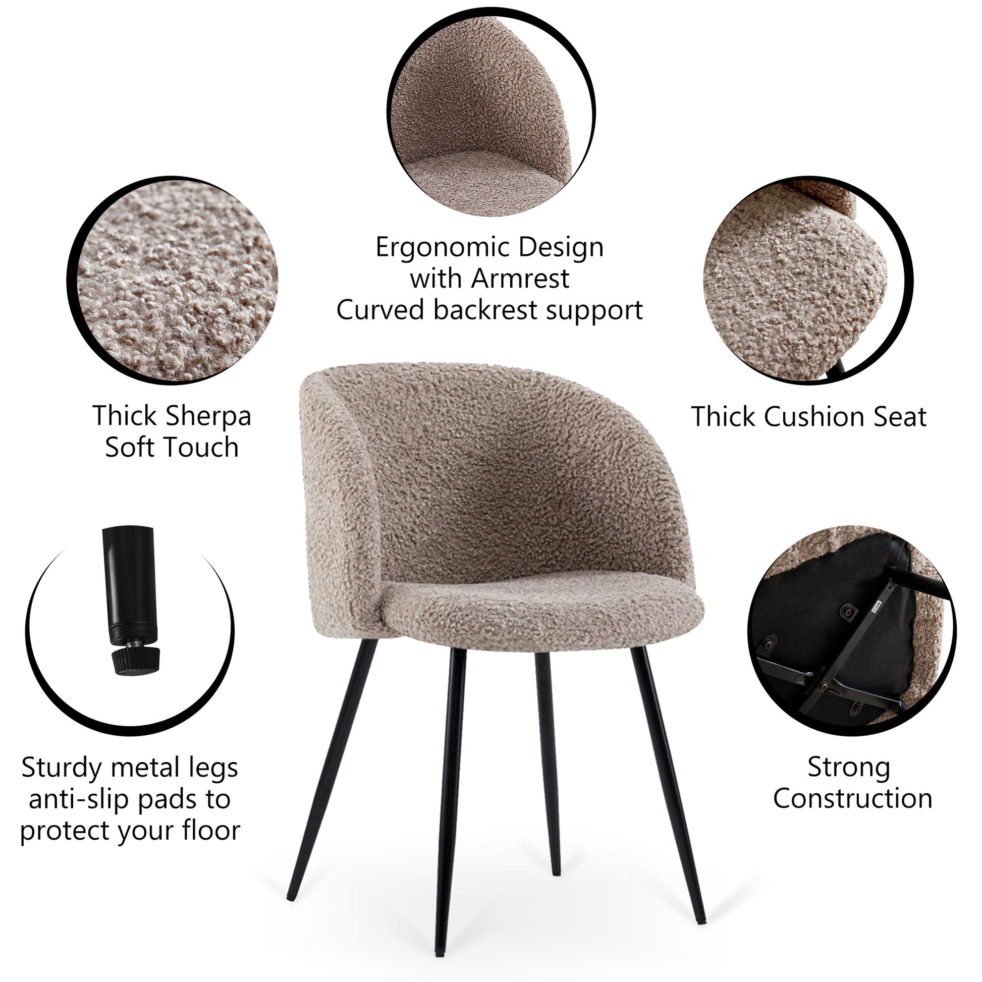 Adjust Legs Upholstered Teddy Faux Fur Dining Armrest Chair Set Of 2 Light Brown Metal Light Brown Dining Room Powder Coated Foam Dry Clean Round Mid Century Modern Solid Back Foam Polyester