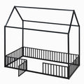 Twin Size Metal House Bed With Fence And Door, Black Black Metal