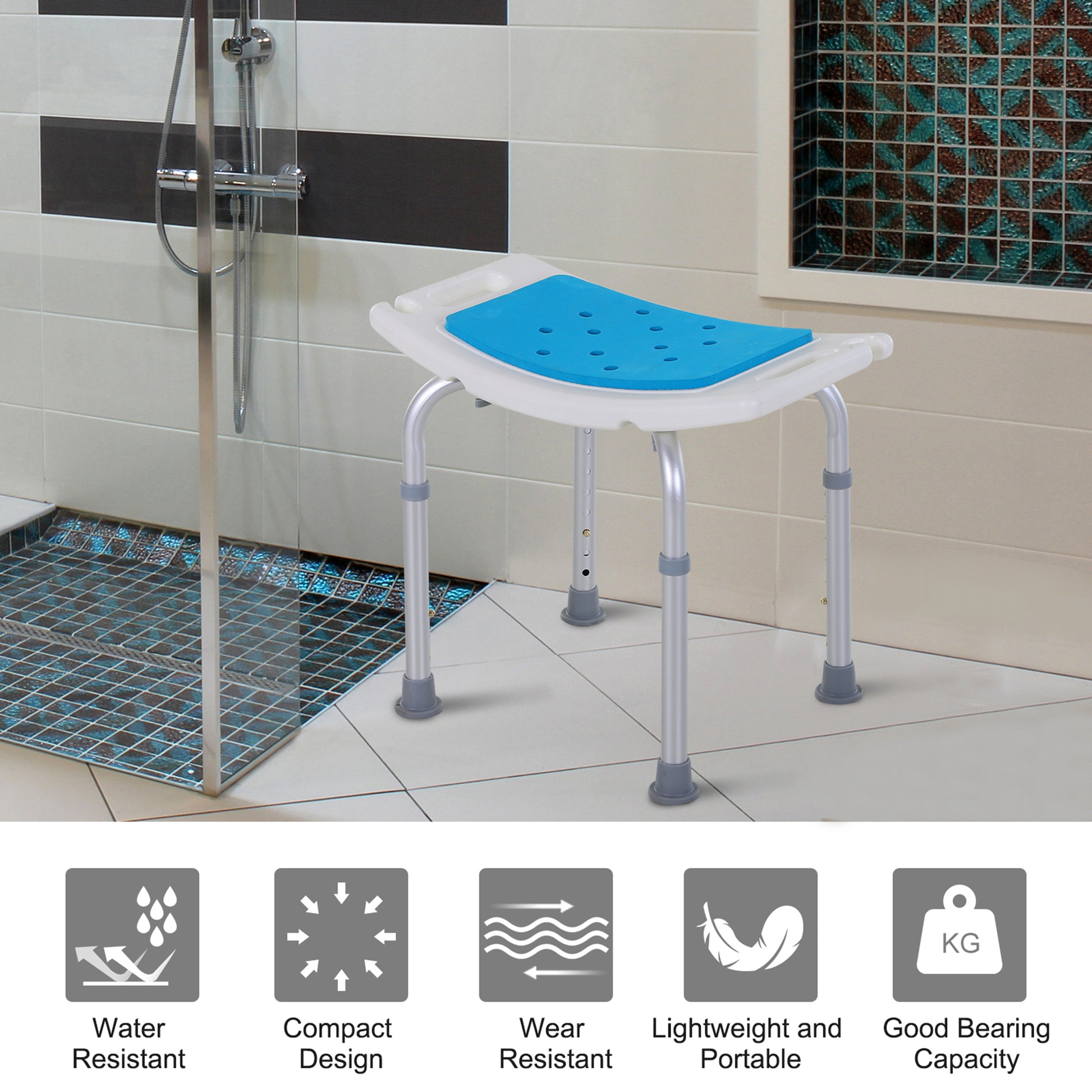 Homcom 6 Level Adjustable Curved Bath Stool Spa Shower Chair Non Slip Design For The Elderly, Injured, & Pregnant Women Blue Aluminum