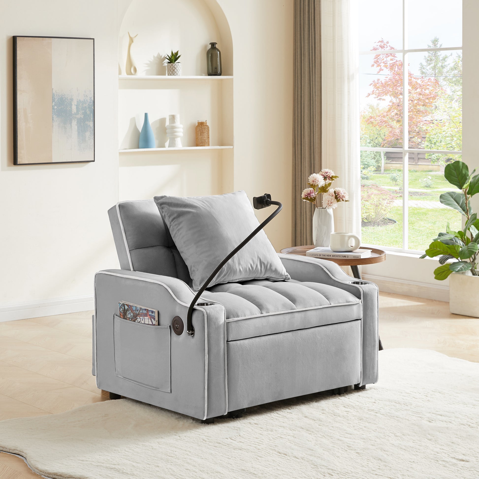 3 In 1 Sofa Bed, Convertible Sleeper Chair Sofa Bed Adjustable Pull Out Sleeper Chair Bed Multi Pockets Folding Sofa Bed For Living Room Bedroom Small Space Grey Grey Velvet 1 Seat